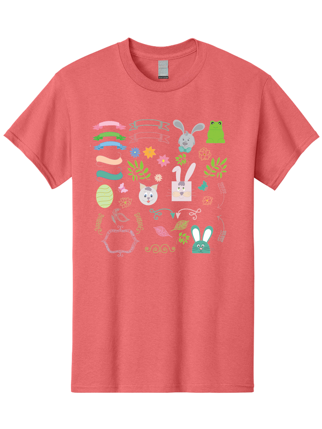 Easter-Clipart Men'S Graphic Tee, 100% Cotton, Comfortable Casual Summer Wear, Machine Washable, Bunny, Easter Eggs, Cat Face, Frog, Flowers, Butterflies, Leaves, Gift Box, Spring Decorations, Pastel Colors, Easter Basket Aac670