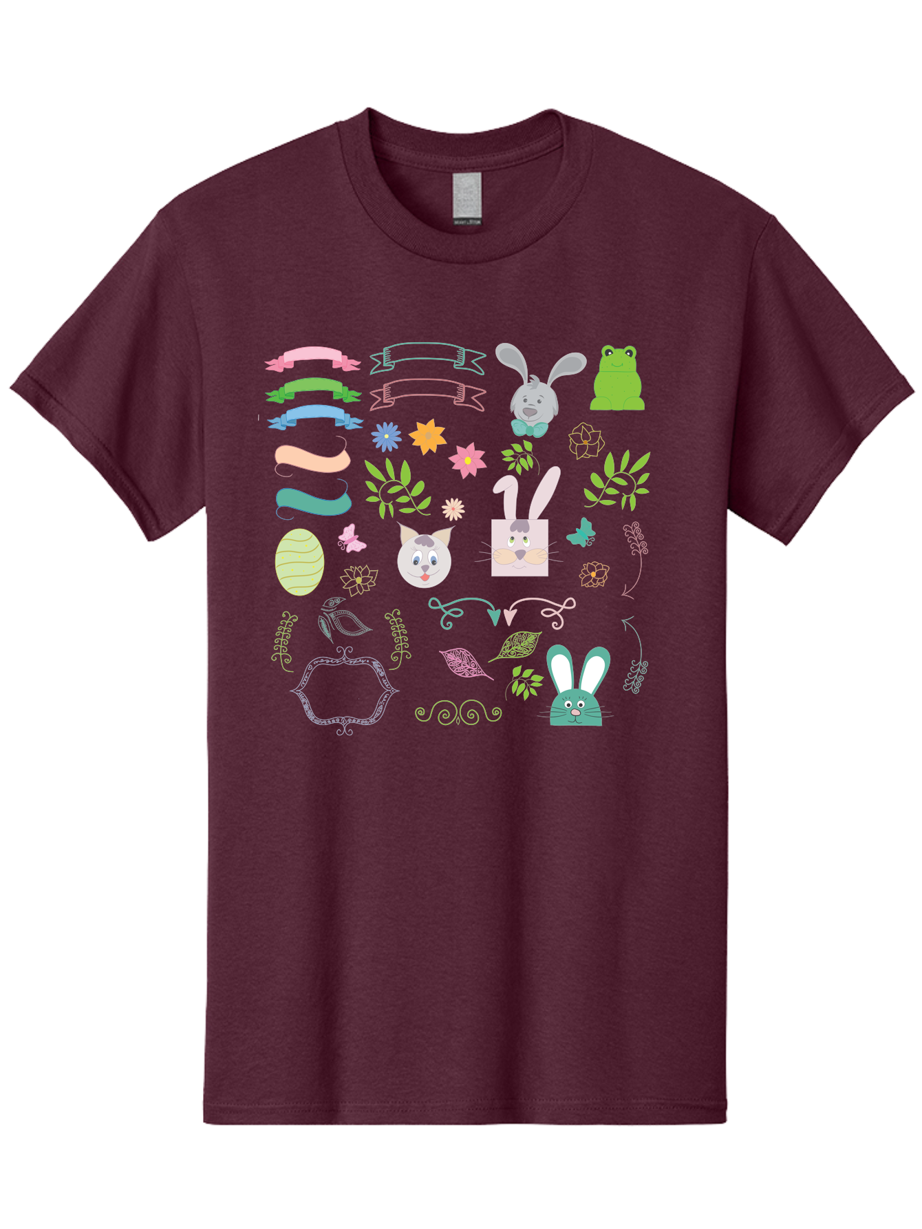 Easter-Clipart Men'S Graphic Tee, 100% Cotton, Comfortable Casual Summer Wear, Machine Washable, Bunny, Easter Eggs, Cat Face, Frog, Flowers, Butterflies, Leaves, Gift Box, Spring Decorations, Pastel Colors, Easter Basket Aac670