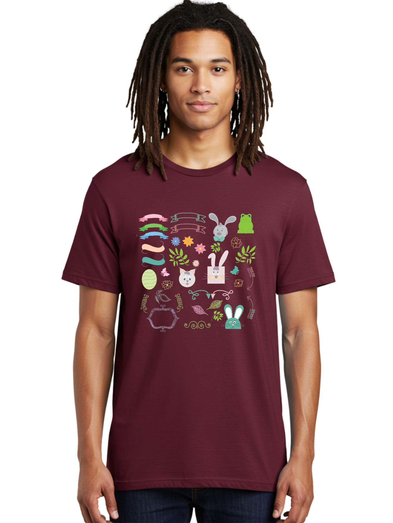 Easter-Clipart Men'S Graphic Tee, 100% Cotton, Comfortable Casual Summer Wear, Machine Washable, Bunny, Easter Eggs, Cat Face, Frog, Flowers, Butterflies, Leaves, Gift Box, Spring Decorations, Pastel Colors, Easter Basket Aac670