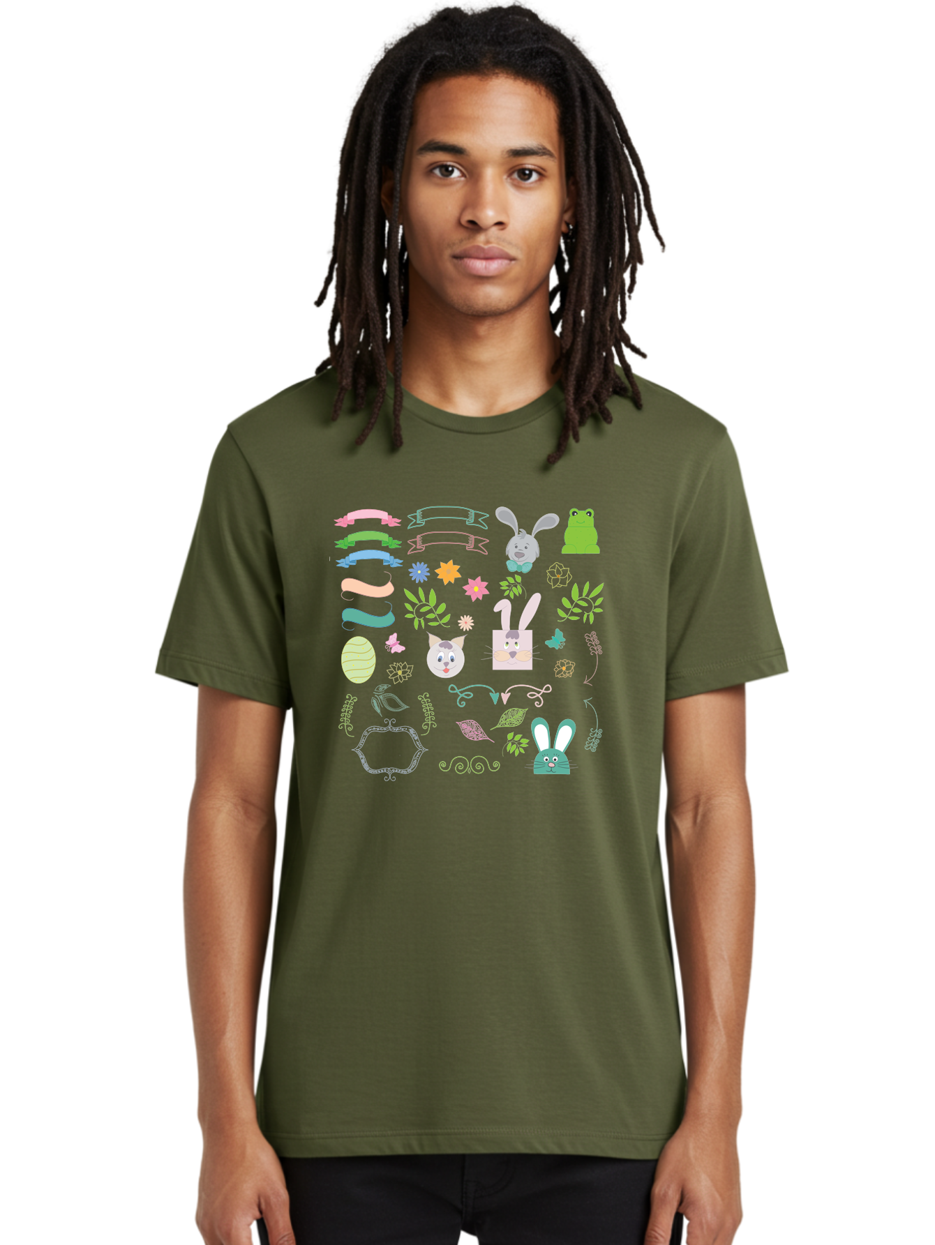 Easter-Clipart Men'S Graphic Tee, 100% Cotton, Comfortable Casual Summer Wear, Machine Washable, Bunny, Easter Eggs, Cat Face, Frog, Flowers, Butterflies, Leaves, Gift Box, Spring Decorations, Pastel Colors, Easter Basket Aac670