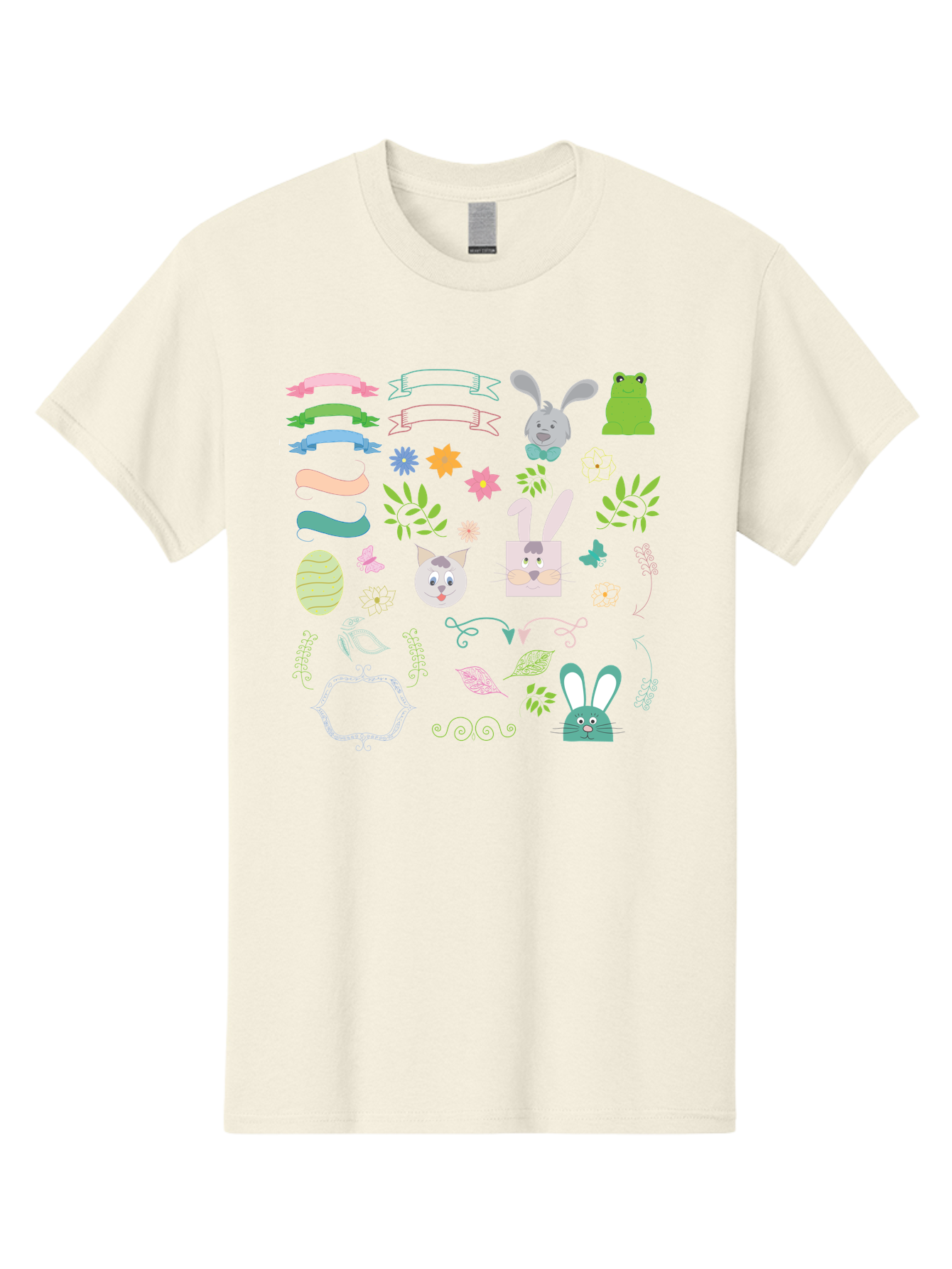 Easter-Clipart Men'S Graphic Tee, 100% Cotton, Comfortable Casual Summer Wear, Machine Washable, Bunny, Easter Eggs, Cat Face, Frog, Flowers, Butterflies, Leaves, Gift Box, Spring Decorations, Pastel Colors, Easter Basket Aac670