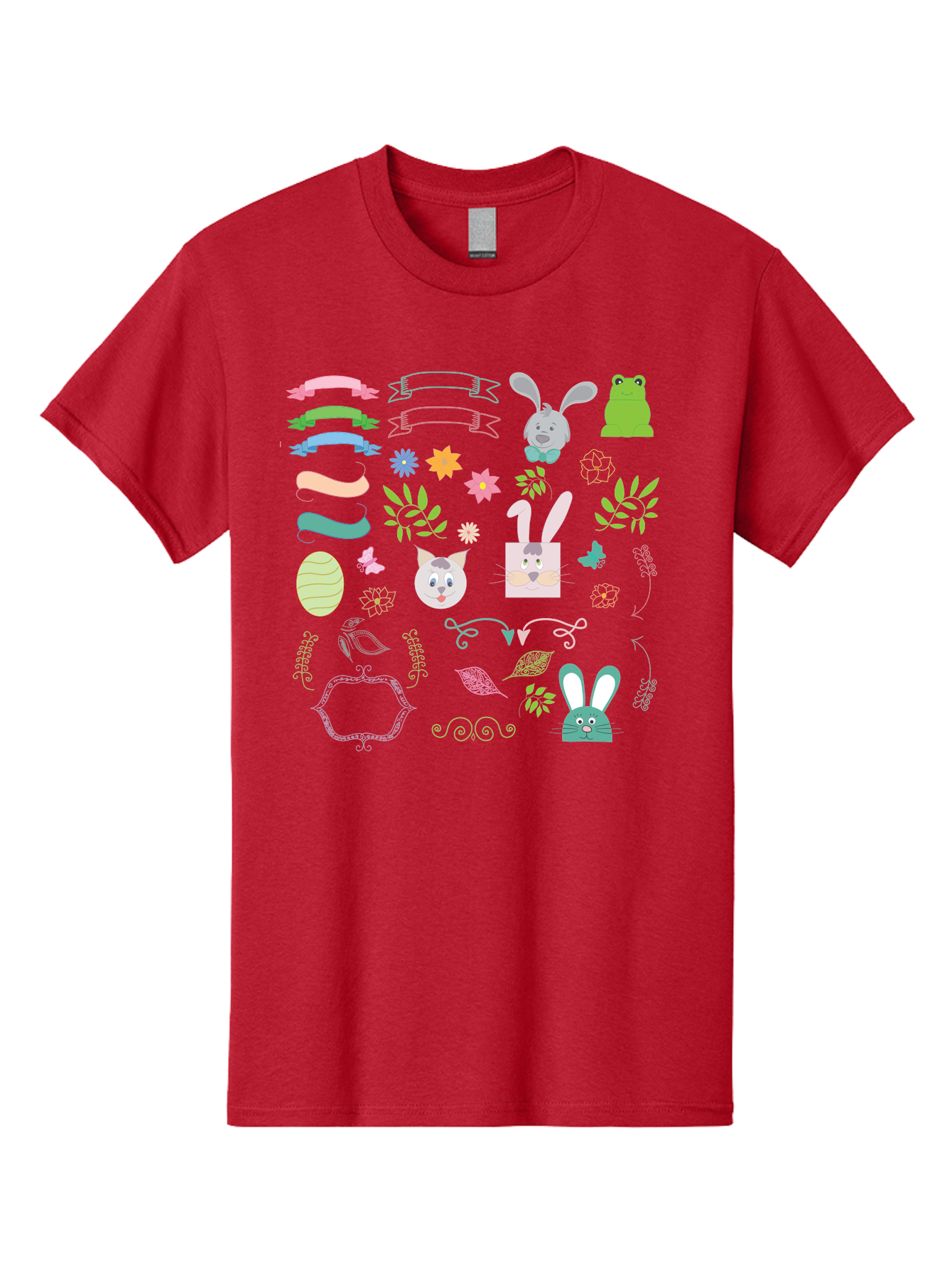 Easter-Clipart Men'S Graphic Tee, 100% Cotton, Comfortable Casual Summer Wear, Machine Washable, Bunny, Easter Eggs, Cat Face, Frog, Flowers, Butterflies, Leaves, Gift Box, Spring Decorations, Pastel Colors, Easter Basket Aac670