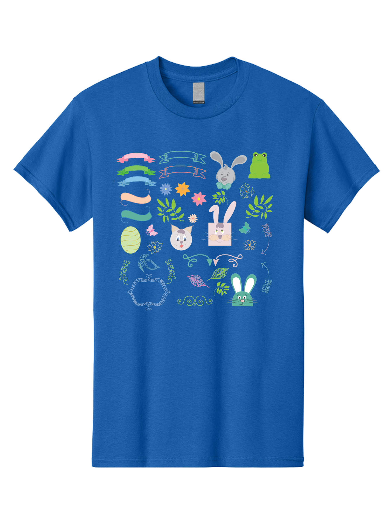 Easter-Clipart Men'S Graphic Tee, 100% Cotton, Comfortable Casual Summer Wear, Machine Washable, Bunny, Easter Eggs, Cat Face, Frog, Flowers, Butterflies, Leaves, Gift Box, Spring Decorations, Pastel Colors, Easter Basket Aac670