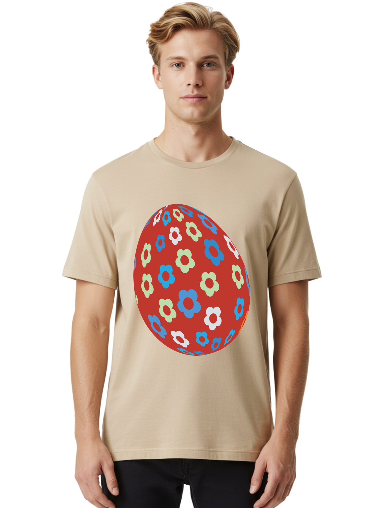 Easter-Egg-1 Men'S Graphic Tee, 100% Cotton, Comfortable Casual Summer Wear, Machine Washable, Easter Egg, Floral Pattern, Colorful Flowers, Red Egg, Blue Flowers, White Flowers, Green Flowers, Festive Design, Spring Theme, Decorated Egg, Aac671