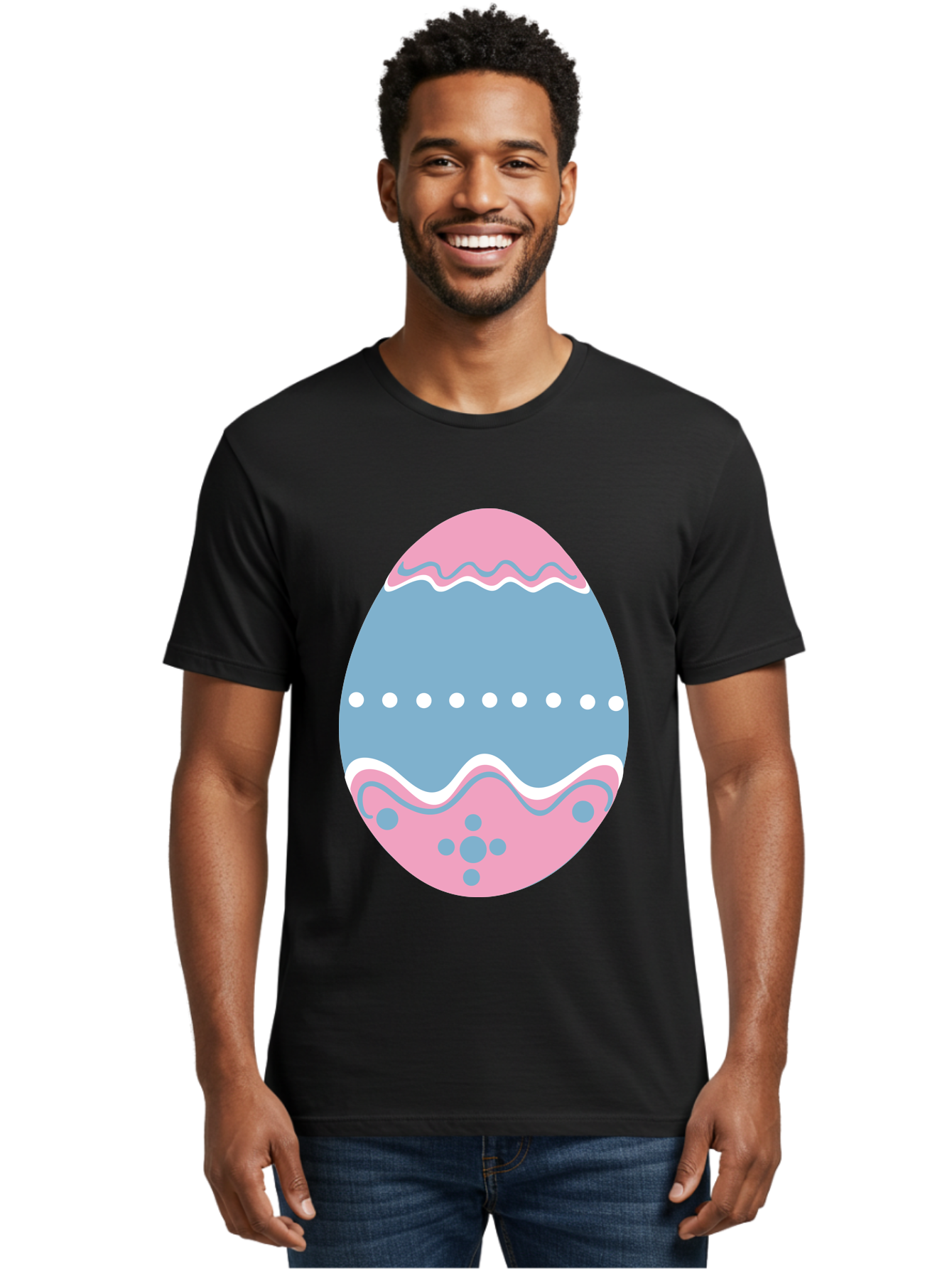 Easter-Egg-3 Men'S Graphic Tee, 100% Cotton, Comfortable Casual Summer Wear, Machine Washable, Easter Egg, Pink And Blue Egg, Decorated Egg, Wavy Lines, White Dots, Blue And Pink Swirls, Pastel Colors, Spring Decoration, Easter Theme, Aac673