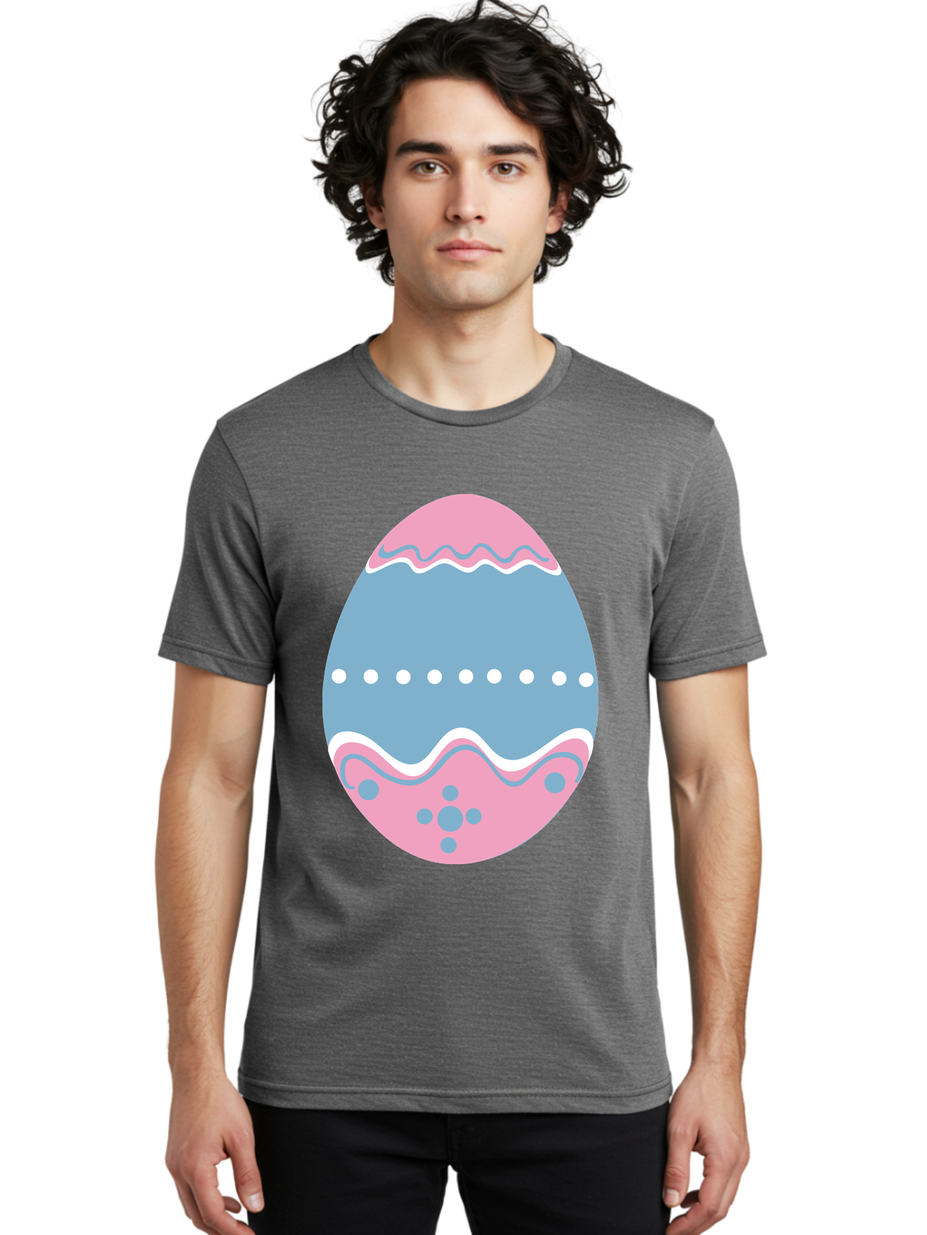 Easter-Egg-3 Men'S Graphic Tee, 100% Cotton, Comfortable Casual Summer Wear, Machine Washable, Easter Egg, Pink And Blue Egg, Decorated Egg, Wavy Lines, White Dots, Blue And Pink Swirls, Pastel Colors, Spring Decoration, Easter Theme, Aac673