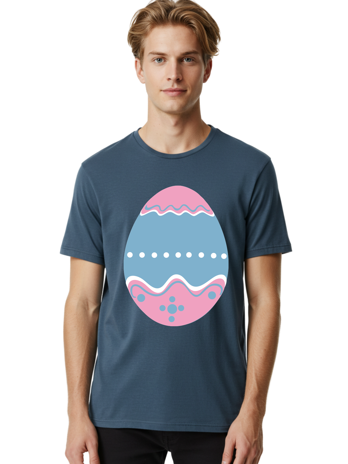 Easter-Egg-3 Men'S Graphic Tee, 100% Cotton, Comfortable Casual Summer Wear, Machine Washable, Easter Egg, Pink And Blue Egg, Decorated Egg, Wavy Lines, White Dots, Blue And Pink Swirls, Pastel Colors, Spring Decoration, Easter Theme, Aac673