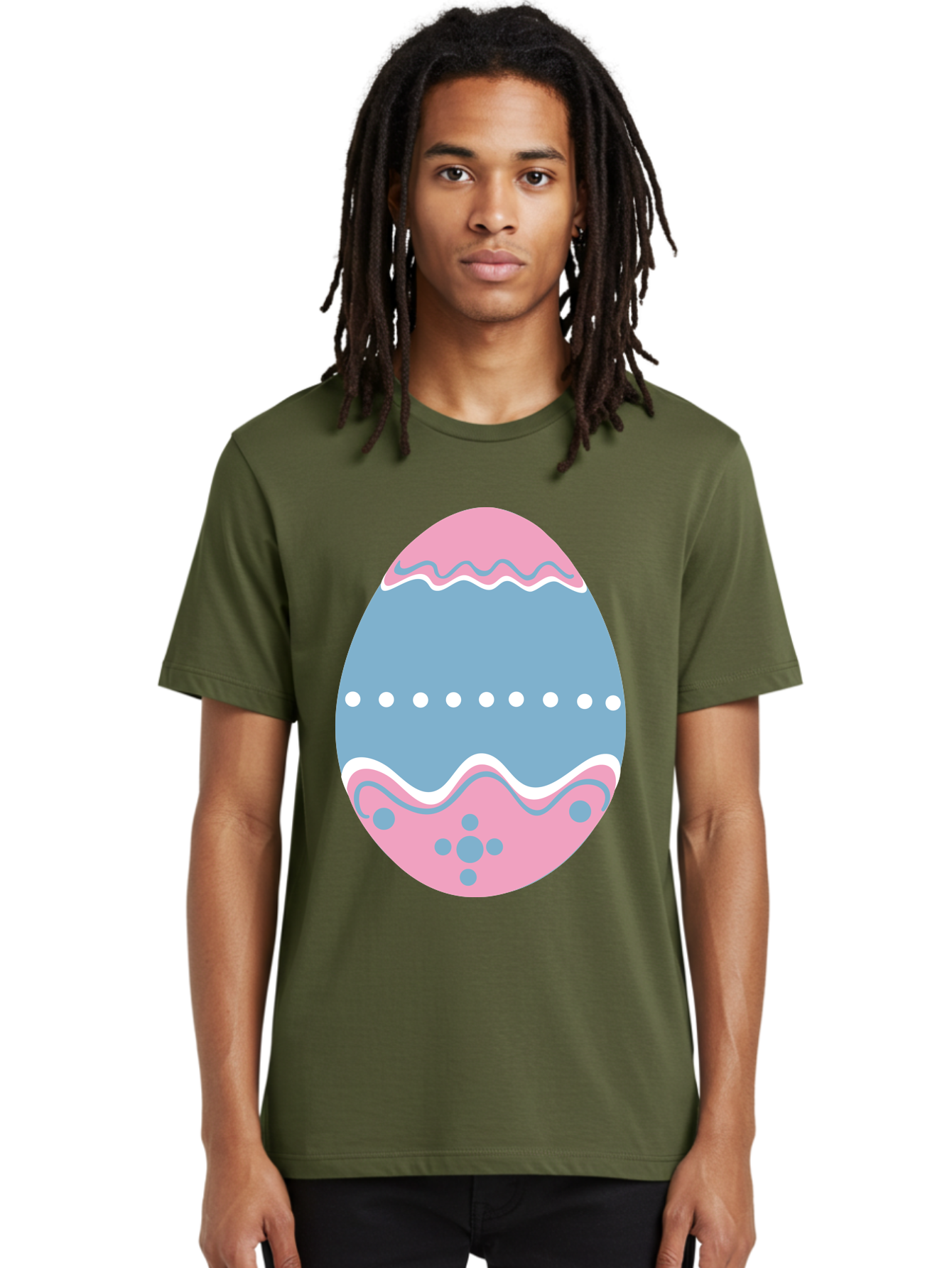 Easter-Egg-3 Men'S Graphic Tee, 100% Cotton, Comfortable Casual Summer Wear, Machine Washable, Easter Egg, Pink And Blue Egg, Decorated Egg, Wavy Lines, White Dots, Blue And Pink Swirls, Pastel Colors, Spring Decoration, Easter Theme, Aac673