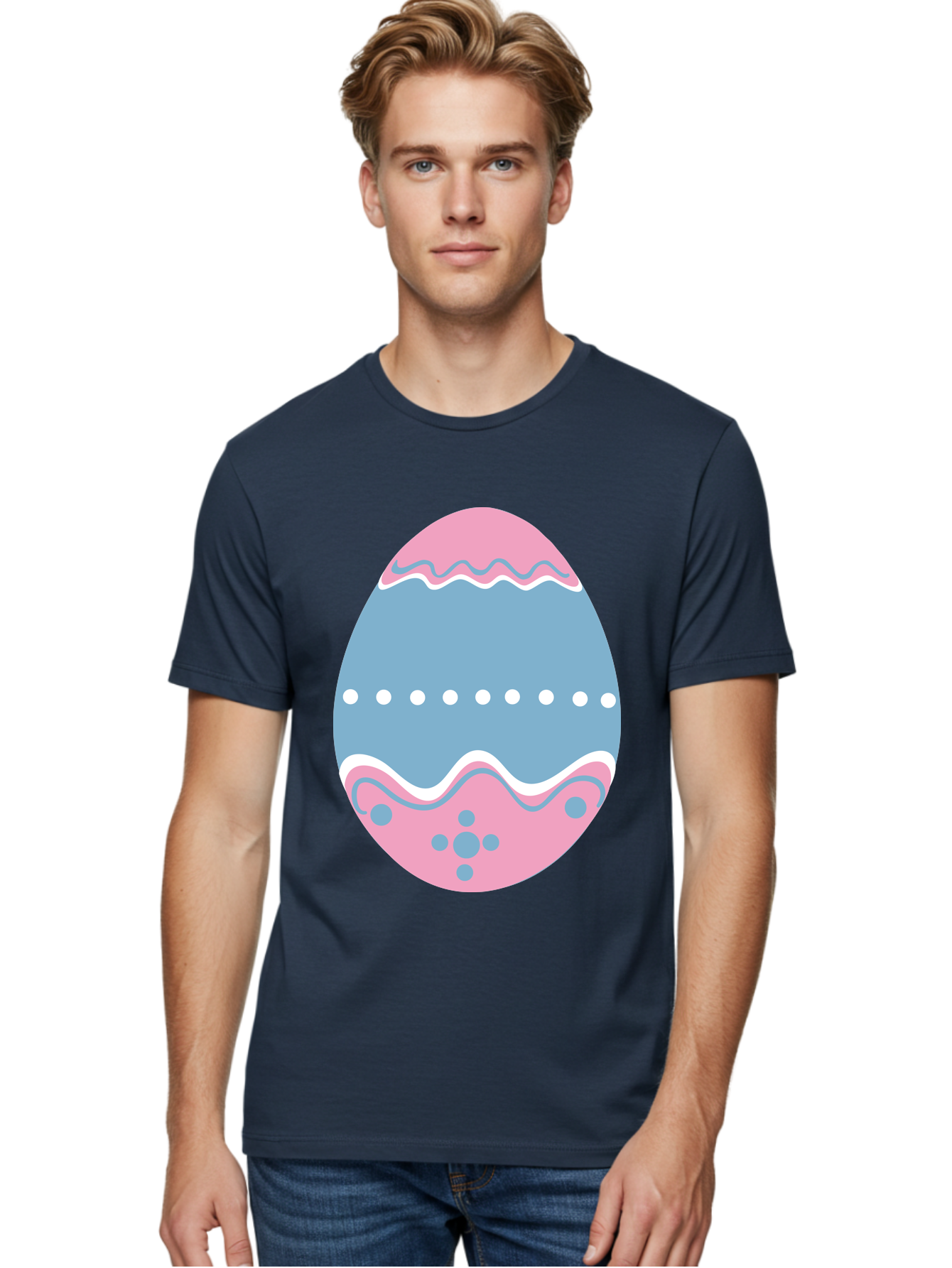Easter-Egg-3 Men'S Graphic Tee, 100% Cotton, Comfortable Casual Summer Wear, Machine Washable, Easter Egg, Pink And Blue Egg, Decorated Egg, Wavy Lines, White Dots, Blue And Pink Swirls, Pastel Colors, Spring Decoration, Easter Theme, Aac673
