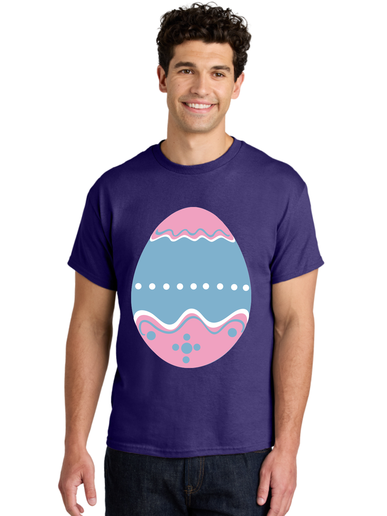 Easter-Egg-3 Men'S Graphic Tee, 100% Cotton, Comfortable Casual Summer Wear, Machine Washable, Easter Egg, Pink And Blue Egg, Decorated Egg, Wavy Lines, White Dots, Blue And Pink Swirls, Pastel Colors, Spring Decoration, Easter Theme, Aac673