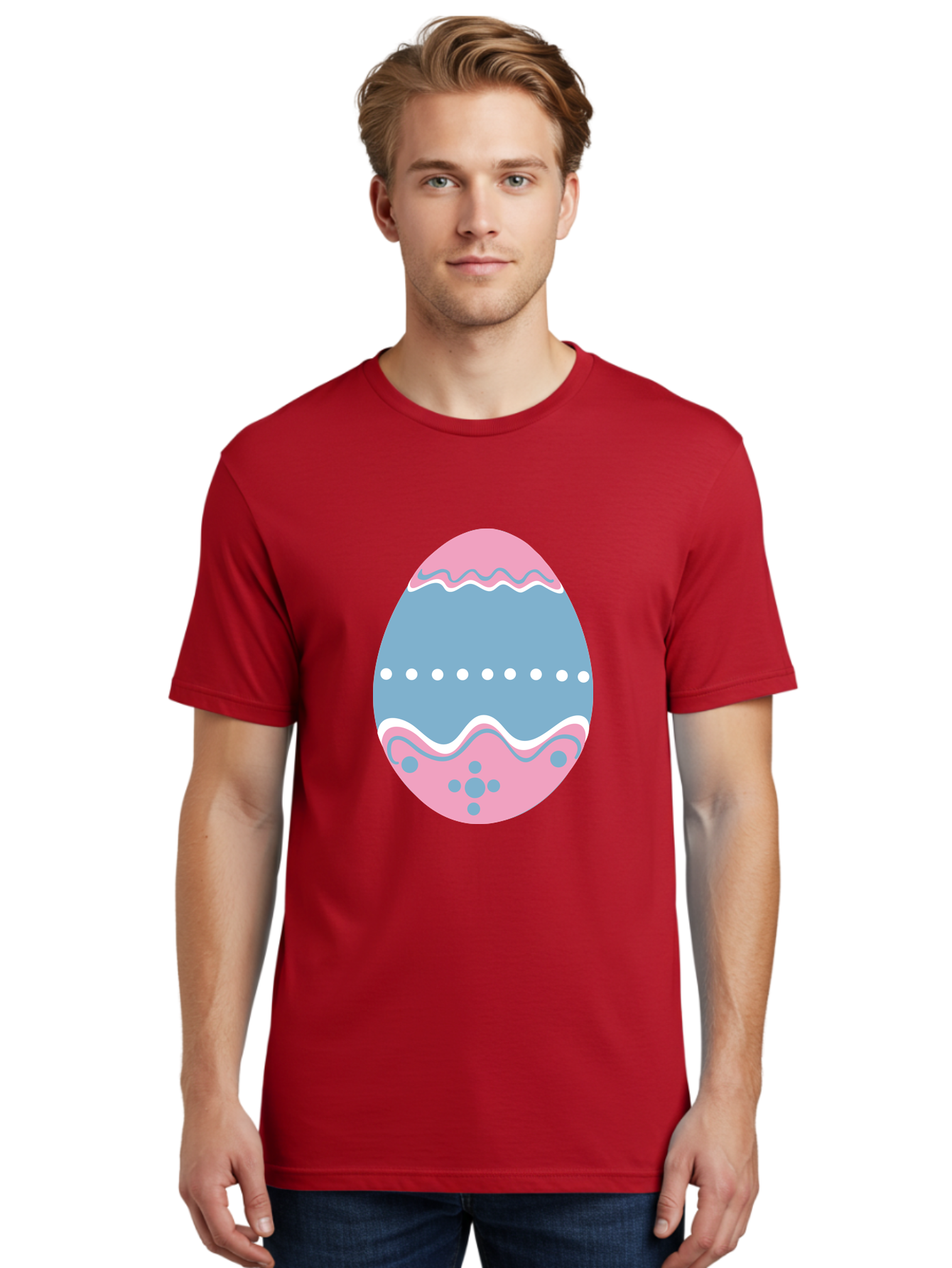 Easter-Egg-3 Men'S Graphic Tee, 100% Cotton, Comfortable Casual Summer Wear, Machine Washable, Easter Egg, Pink And Blue Egg, Decorated Egg, Wavy Lines, White Dots, Blue And Pink Swirls, Pastel Colors, Spring Decoration, Easter Theme, Aac673