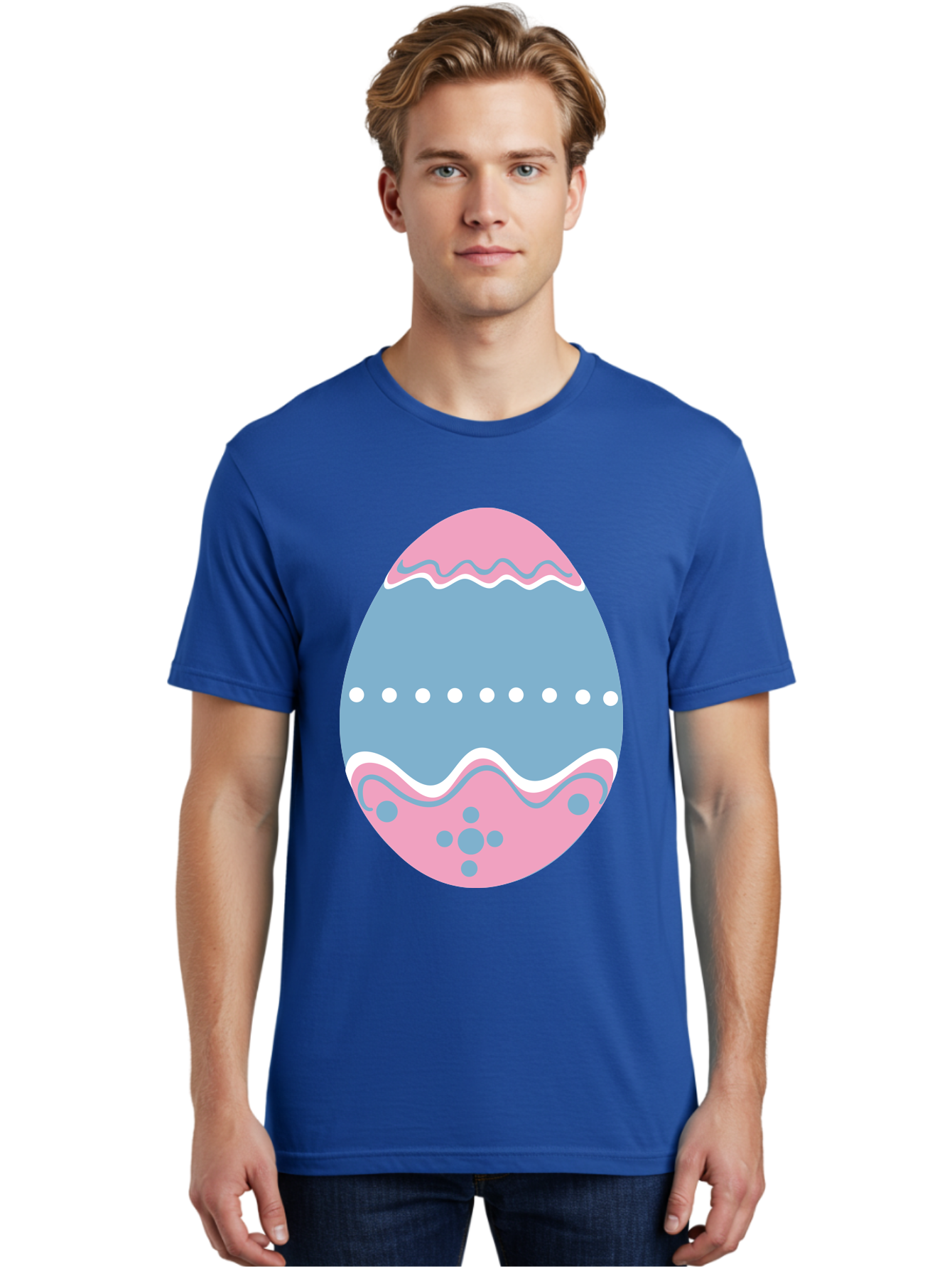 Easter-Egg-3 Men'S Graphic Tee, 100% Cotton, Comfortable Casual Summer Wear, Machine Washable, Easter Egg, Pink And Blue Egg, Decorated Egg, Wavy Lines, White Dots, Blue And Pink Swirls, Pastel Colors, Spring Decoration, Easter Theme, Aac673