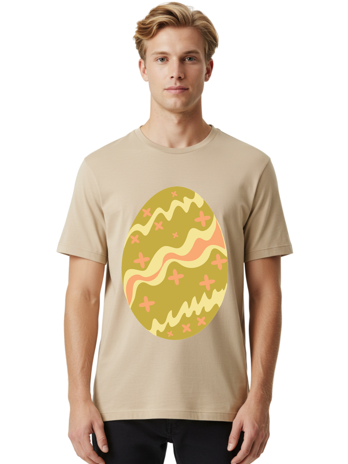 Easter-Egg-4 Men'S Graphic Tee, 100% Cotton, Comfortable Casual Summer Wear, Machine Washable, Easter Egg, Pastel Colors, Wavy Lines, Pink Crosses, Decorated Egg, Spring Theme, Festive Design, Easter Decoration, Egg Hunt Aac674