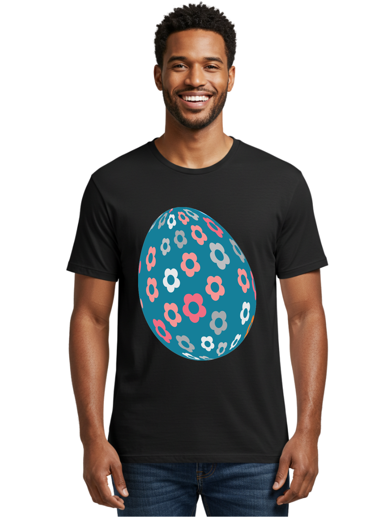 Easter-Egg Men'S Graphic Tee, 100% Cotton, Comfortable Casual Summer Wear, Machine Washable, Blue Easter Egg, Floral Pattern, Pink And White Flowers, Spring Decoration, Easter Egg Decoration, Digital Illustration, Easter Theme, Aac676