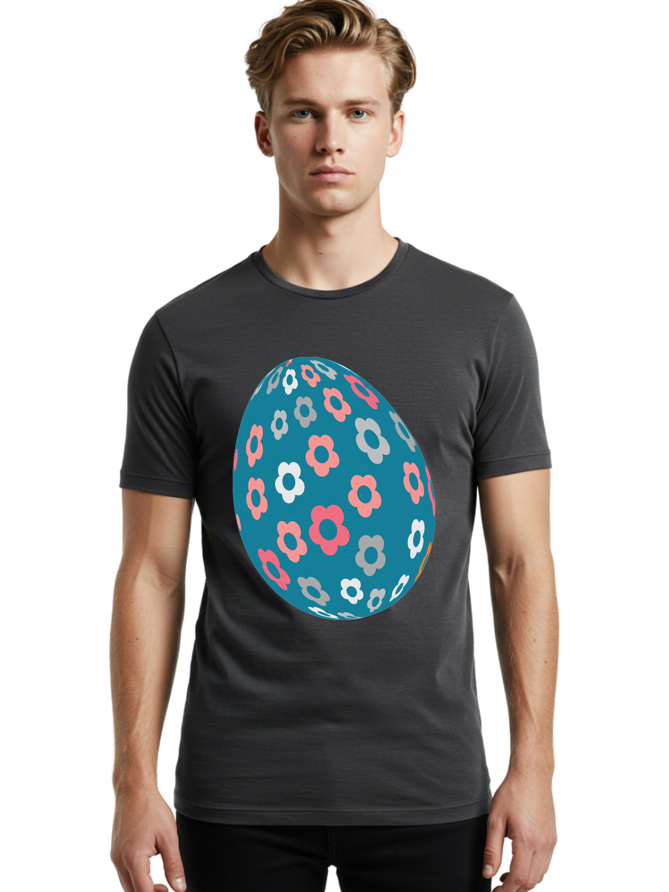 Easter-Egg Men'S Graphic Tee, 100% Cotton, Comfortable Casual Summer Wear, Machine Washable, Blue Easter Egg, Floral Pattern, Pink And White Flowers, Spring Decoration, Easter Egg Decoration, Digital Illustration, Easter Theme, Aac676