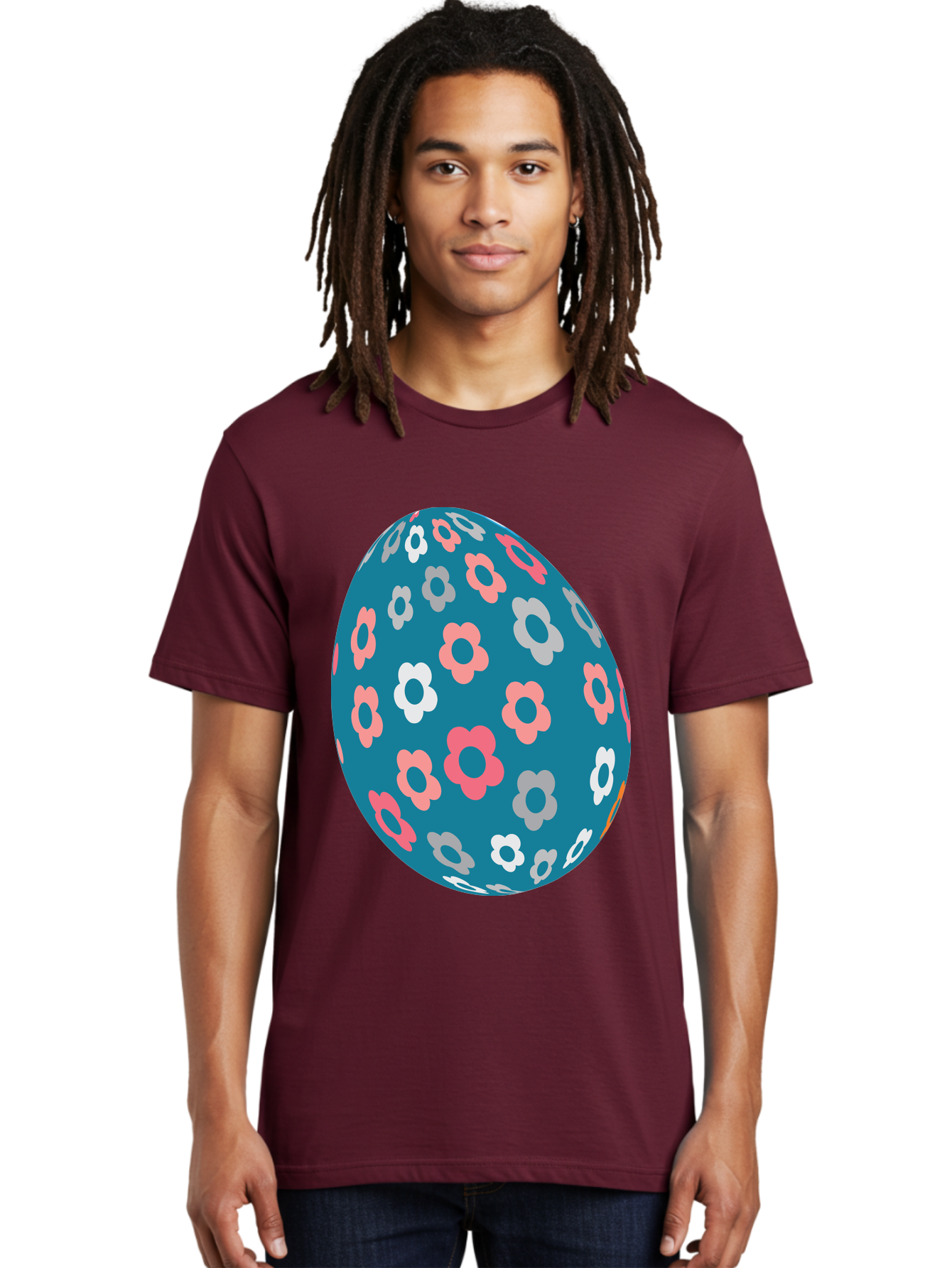 Easter-Egg Men'S Graphic Tee, 100% Cotton, Comfortable Casual Summer Wear, Machine Washable, Blue Easter Egg, Floral Pattern, Pink And White Flowers, Spring Decoration, Easter Egg Decoration, Digital Illustration, Easter Theme, Aac676