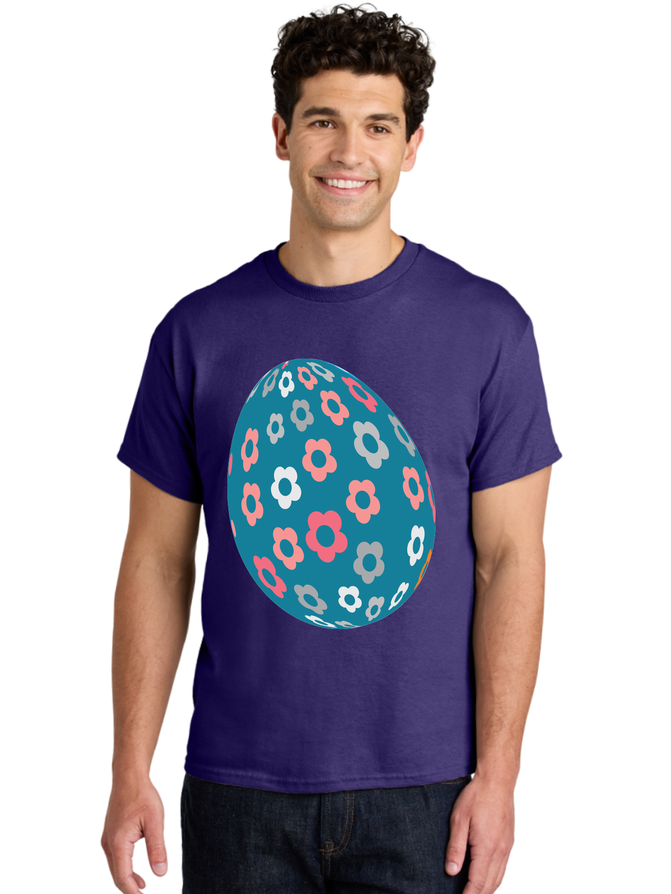 Easter-Egg Men'S Graphic Tee, 100% Cotton, Comfortable Casual Summer Wear, Machine Washable, Blue Easter Egg, Floral Pattern, Pink And White Flowers, Spring Decoration, Easter Egg Decoration, Digital Illustration, Easter Theme, Aac676