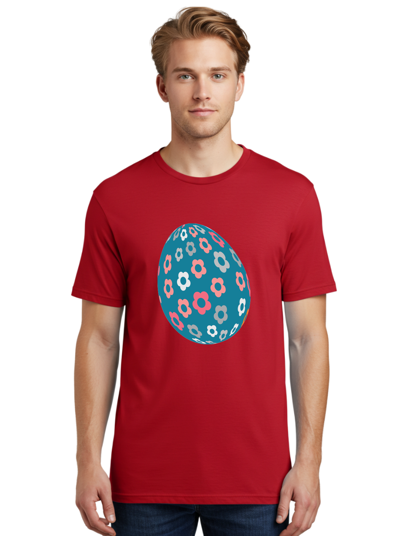 Easter-Egg Men'S Graphic Tee, 100% Cotton, Comfortable Casual Summer Wear, Machine Washable, Blue Easter Egg, Floral Pattern, Pink And White Flowers, Spring Decoration, Easter Egg Decoration, Digital Illustration, Easter Theme, Aac676