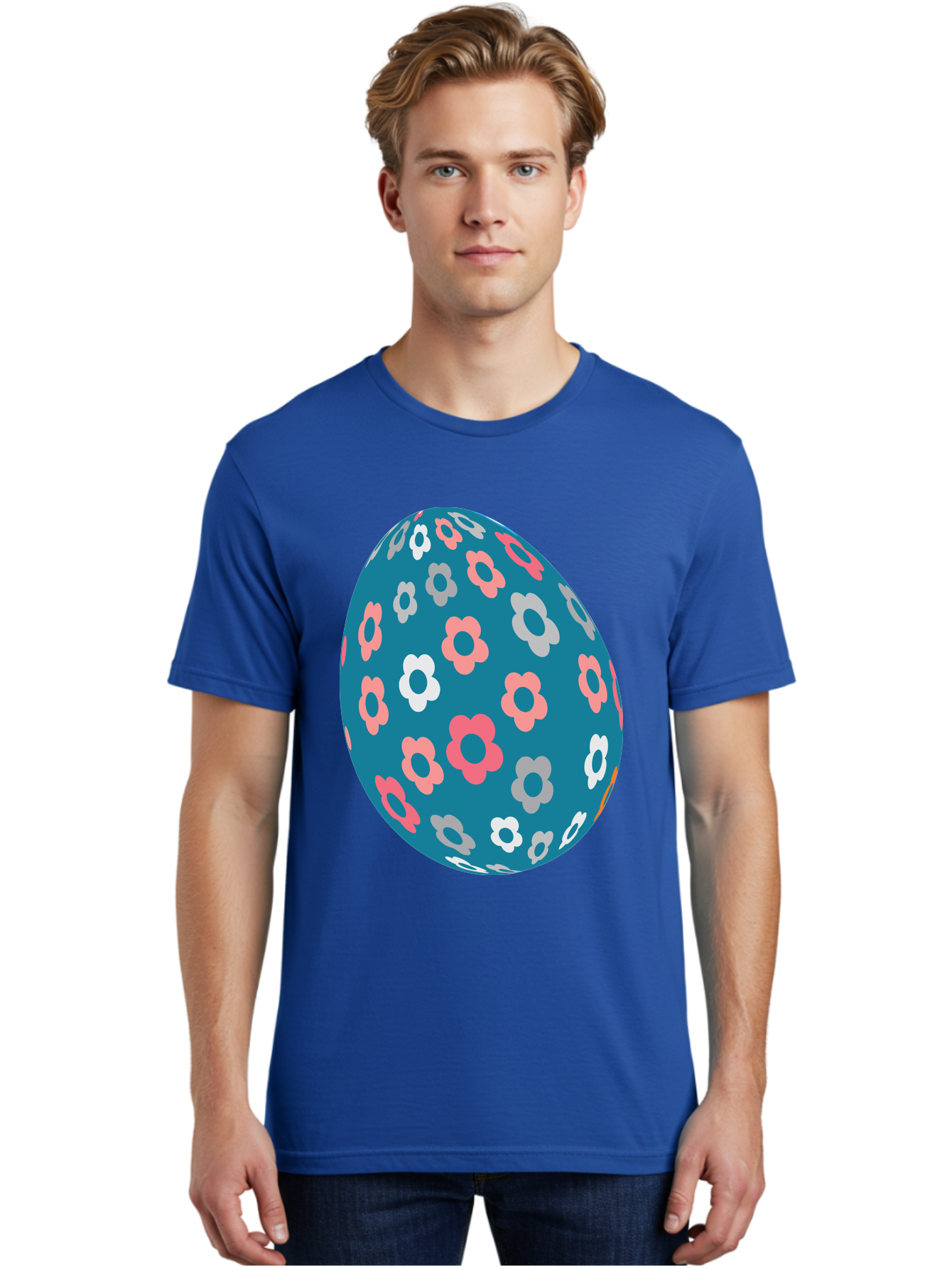Easter-Egg Men'S Graphic Tee, 100% Cotton, Comfortable Casual Summer Wear, Machine Washable, Blue Easter Egg, Floral Pattern, Pink And White Flowers, Spring Decoration, Easter Egg Decoration, Digital Illustration, Easter Theme, Aac676
