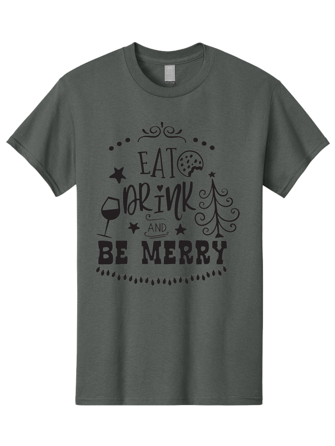 Eat-Drink-And-Be-Merry Men'S Graphic Tee, 100% Cotton, Comfortable Casual Summer Wear, Machine Washable, Holiday Cheer, Festive Vibes, Christmas Celebration, Wine Glass, Cookie, Christmas Tree, Stars, Festive Typography, Joyful Message, Aac679