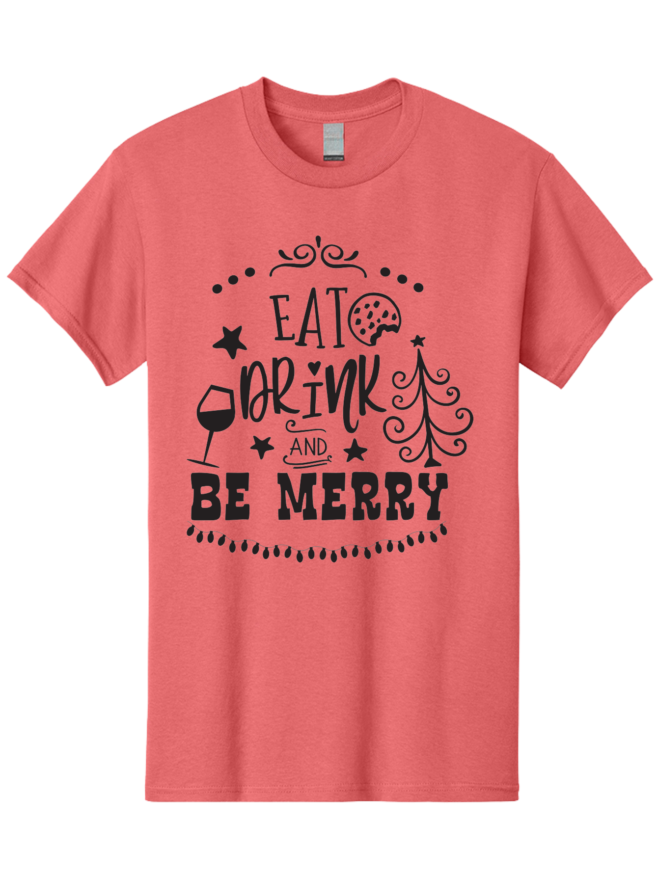 Eat-Drink-And-Be-Merry Men'S Graphic Tee, 100% Cotton, Comfortable Casual Summer Wear, Machine Washable, Holiday Cheer, Festive Vibes, Christmas Celebration, Wine Glass, Cookie, Christmas Tree, Stars, Festive Typography, Joyful Message, Aac679