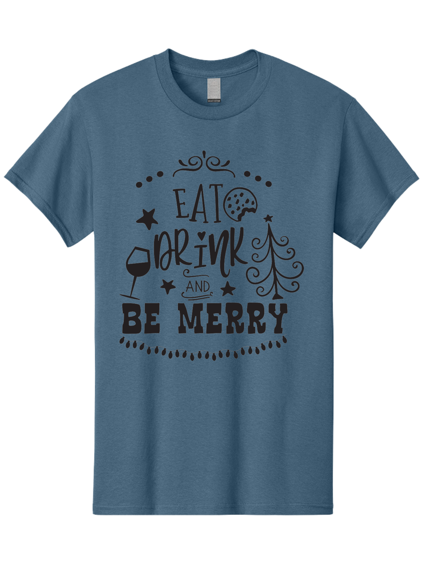 Eat-Drink-And-Be-Merry Men'S Graphic Tee, 100% Cotton, Comfortable Casual Summer Wear, Machine Washable, Holiday Cheer, Festive Vibes, Christmas Celebration, Wine Glass, Cookie, Christmas Tree, Stars, Festive Typography, Joyful Message, Aac679