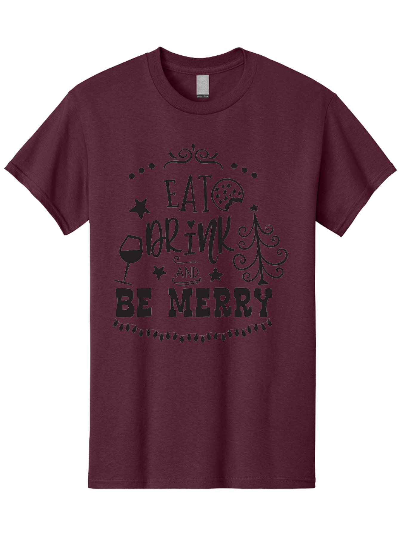 Eat-Drink-And-Be-Merry Men'S Graphic Tee, 100% Cotton, Comfortable Casual Summer Wear, Machine Washable, Holiday Cheer, Festive Vibes, Christmas Celebration, Wine Glass, Cookie, Christmas Tree, Stars, Festive Typography, Joyful Message, Aac679