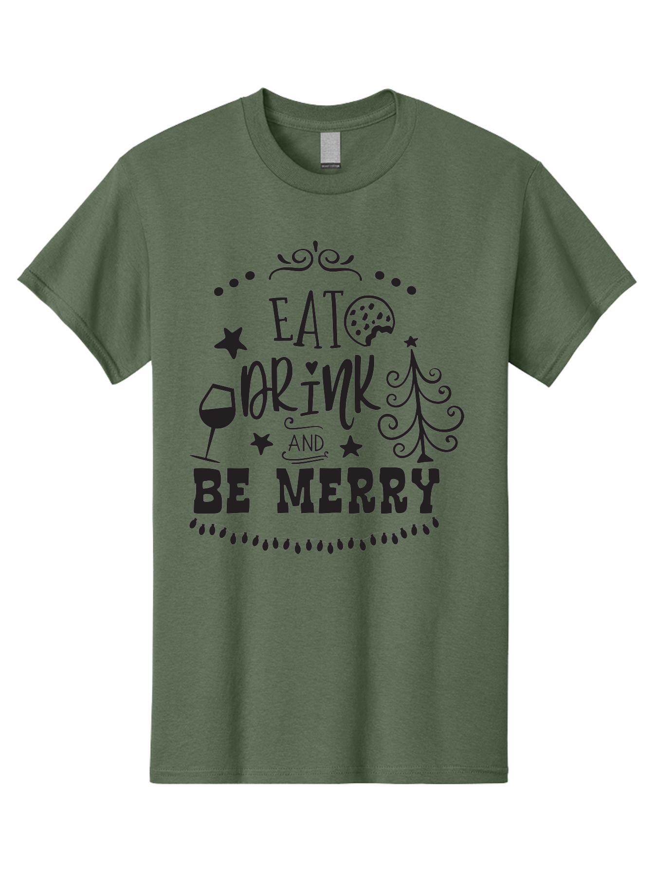 Eat-Drink-And-Be-Merry Men'S Graphic Tee, 100% Cotton, Comfortable Casual Summer Wear, Machine Washable, Holiday Cheer, Festive Vibes, Christmas Celebration, Wine Glass, Cookie, Christmas Tree, Stars, Festive Typography, Joyful Message, Aac679
