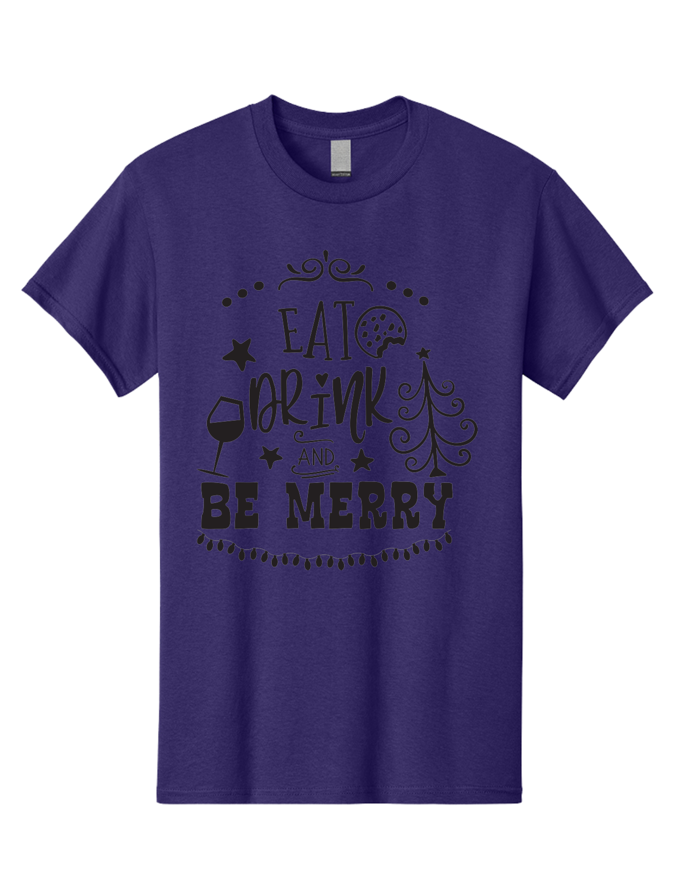 Eat-Drink-And-Be-Merry Men'S Graphic Tee, 100% Cotton, Comfortable Casual Summer Wear, Machine Washable, Holiday Cheer, Festive Vibes, Christmas Celebration, Wine Glass, Cookie, Christmas Tree, Stars, Festive Typography, Joyful Message, Aac679