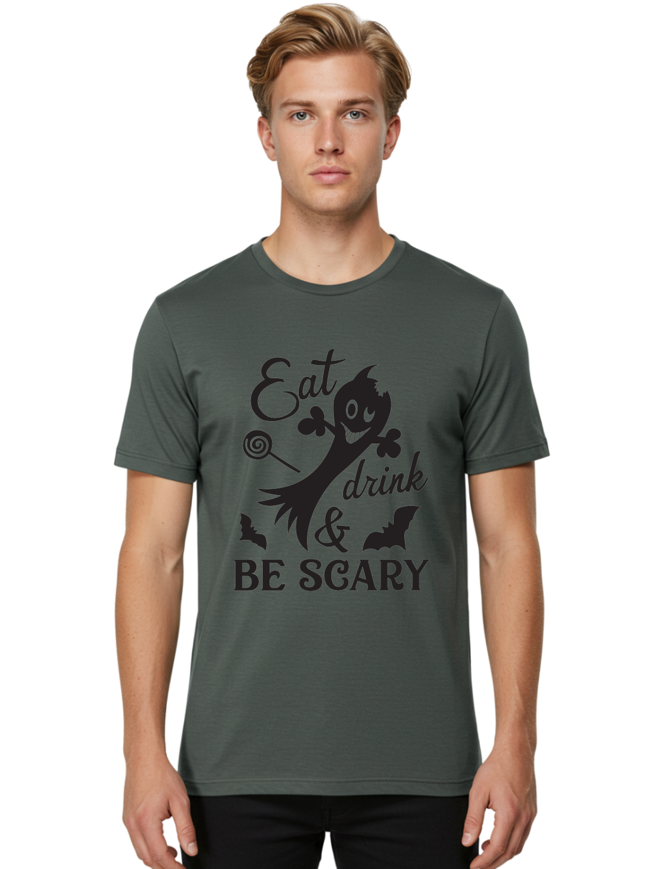 Eat-Drink-Be-Scary Men'S Graphic Tee, 100% Cotton, Comfortable Casual Summer Wear, Machine Washable, Halloween Design, Spooky T-Shirt, Halloween Quote, Eat Drink & Be Scary, Black Silhouette, Halloween Bats, Lollipop, Halloween Decorations, Aac680