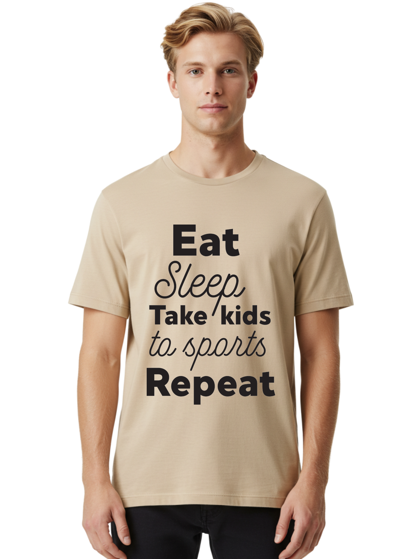Eat-Sleep-Take-Kids-To-Sports-Repeat Men'S Graphic Tee, 100% Cotton, Comfortable Casual Summer Wear, Machine Washable, Busy Parents, Parenting Life, Family Activities, Kids Sports, Daily Routine, Parenting Humor, Eat Sleep Repeat Aac682