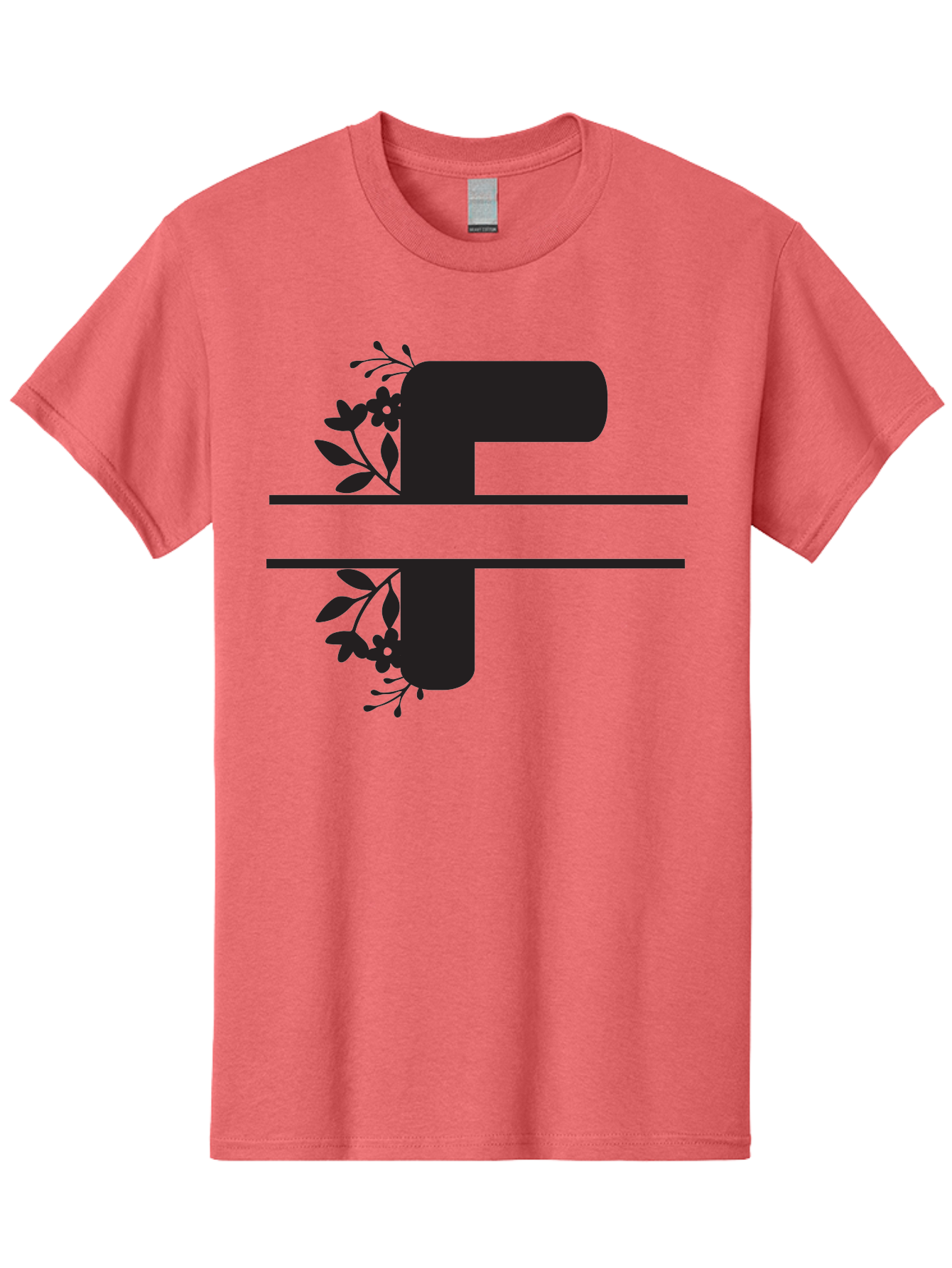 F-1 Men'S Graphic Tee, 100% Cotton, Comfortable Casual Summer Wear, Machine Washable, Floral Alphabet, Letter F, Black Font, Botanical Design, Floral Elements, Leafy Details, Elegant Typography, Decorative Lettering Aac699