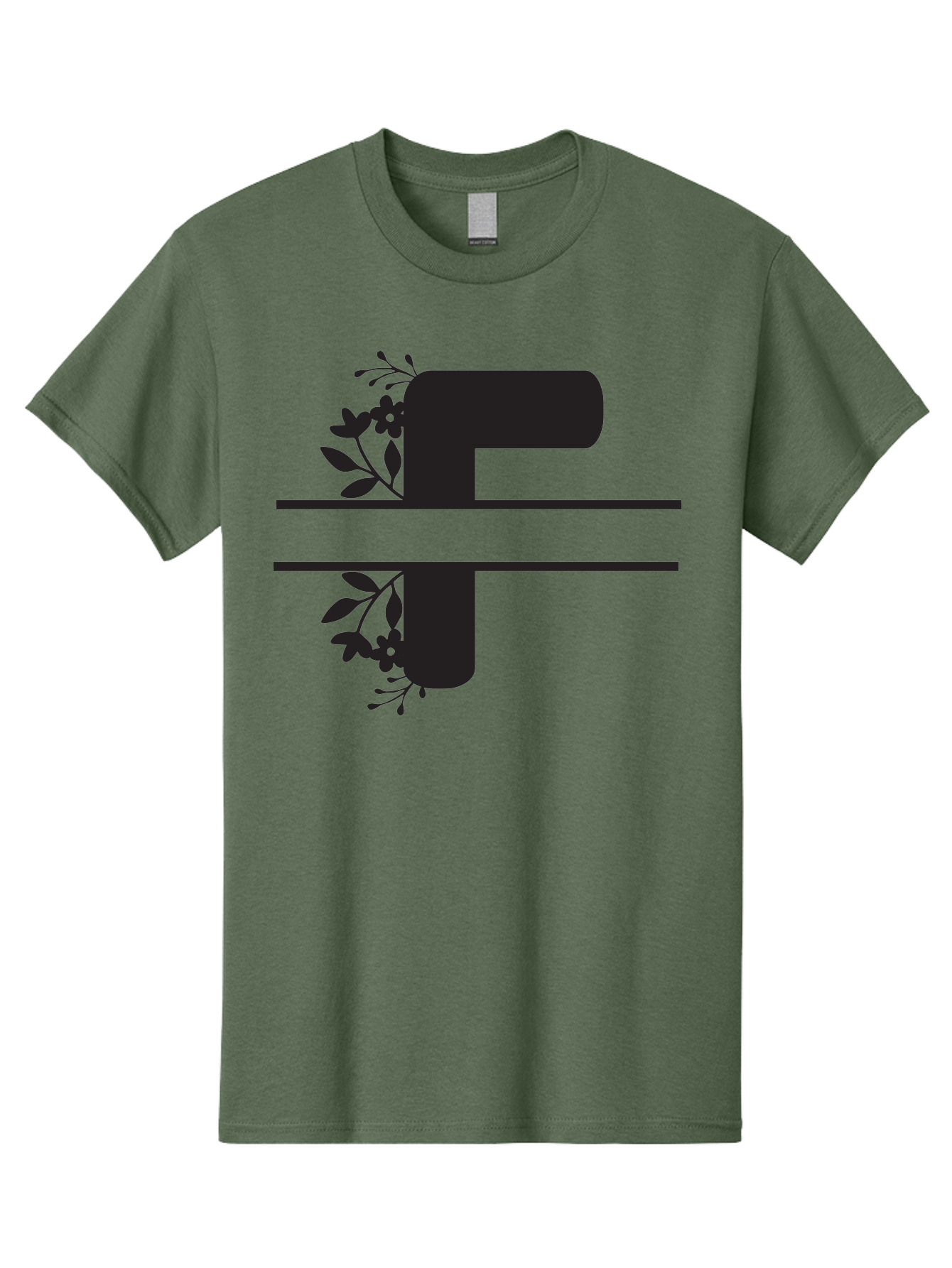 F-1 Men'S Graphic Tee, 100% Cotton, Comfortable Casual Summer Wear, Machine Washable, Floral Alphabet, Letter F, Black Font, Botanical Design, Floral Elements, Leafy Details, Elegant Typography, Decorative Lettering Aac699