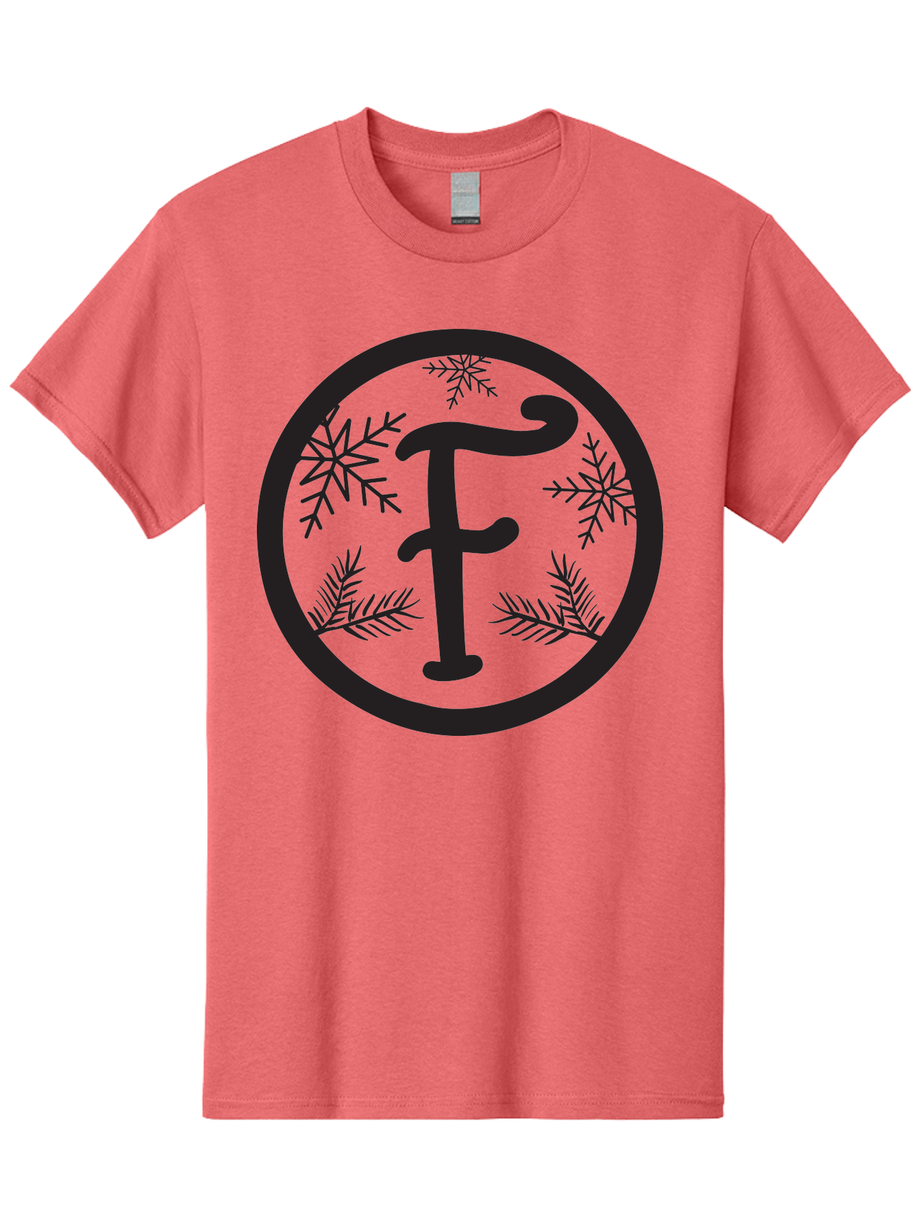 F Men'S Graphic Tee, 100% Cotton, Comfortable Casual Summer Wear, Machine Washable, Black Letter F, Snowflakes, Pine Branches, Winter Theme, Festive Design, Elegant Typography, Circular Frame, Black And Green Color Scheme Aac700