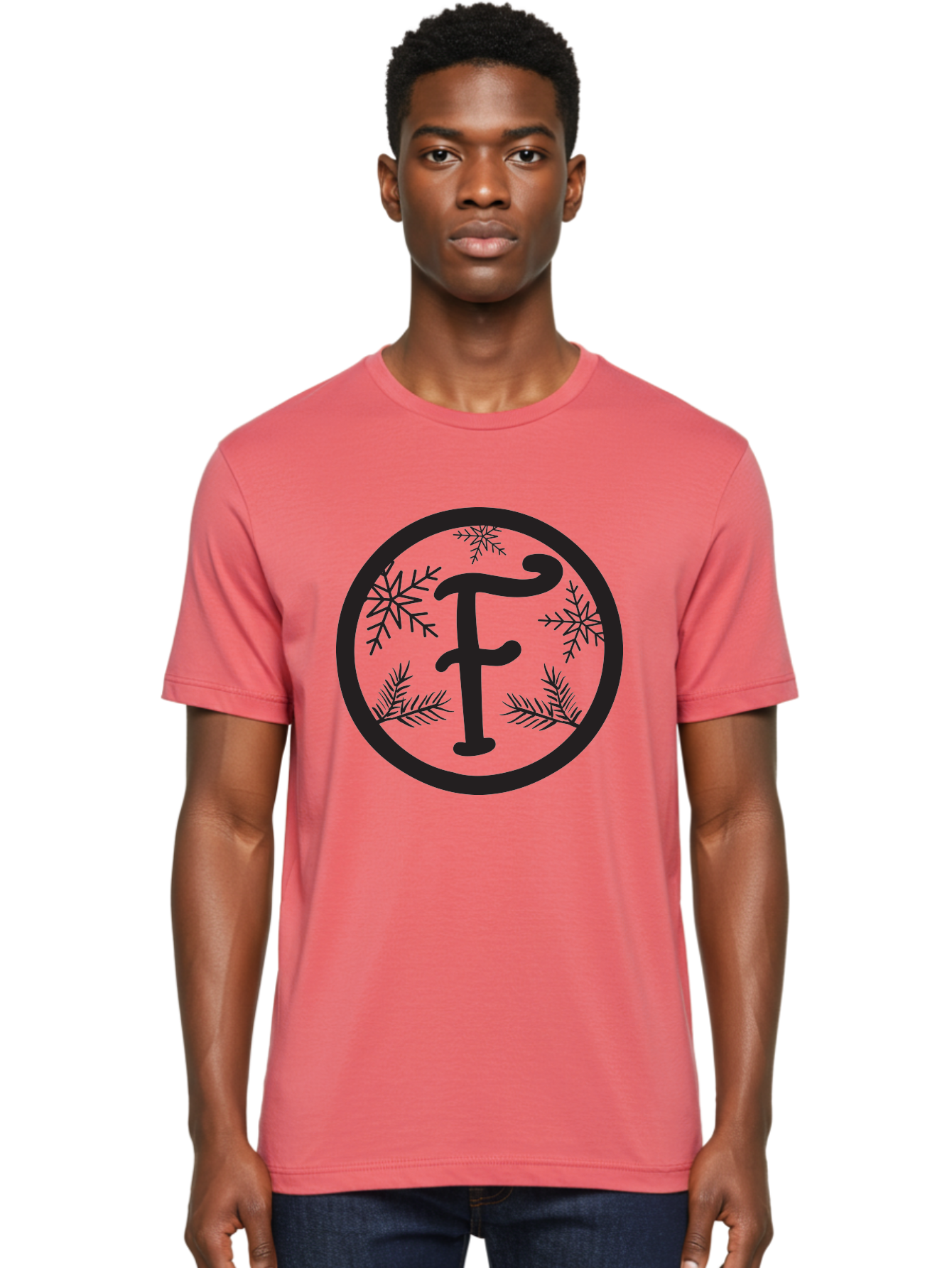 F Men'S Graphic Tee, 100% Cotton, Comfortable Casual Summer Wear, Machine Washable, Black Letter F, Snowflakes, Pine Branches, Winter Theme, Festive Design, Elegant Typography, Circular Frame, Black And Green Color Scheme Aac700