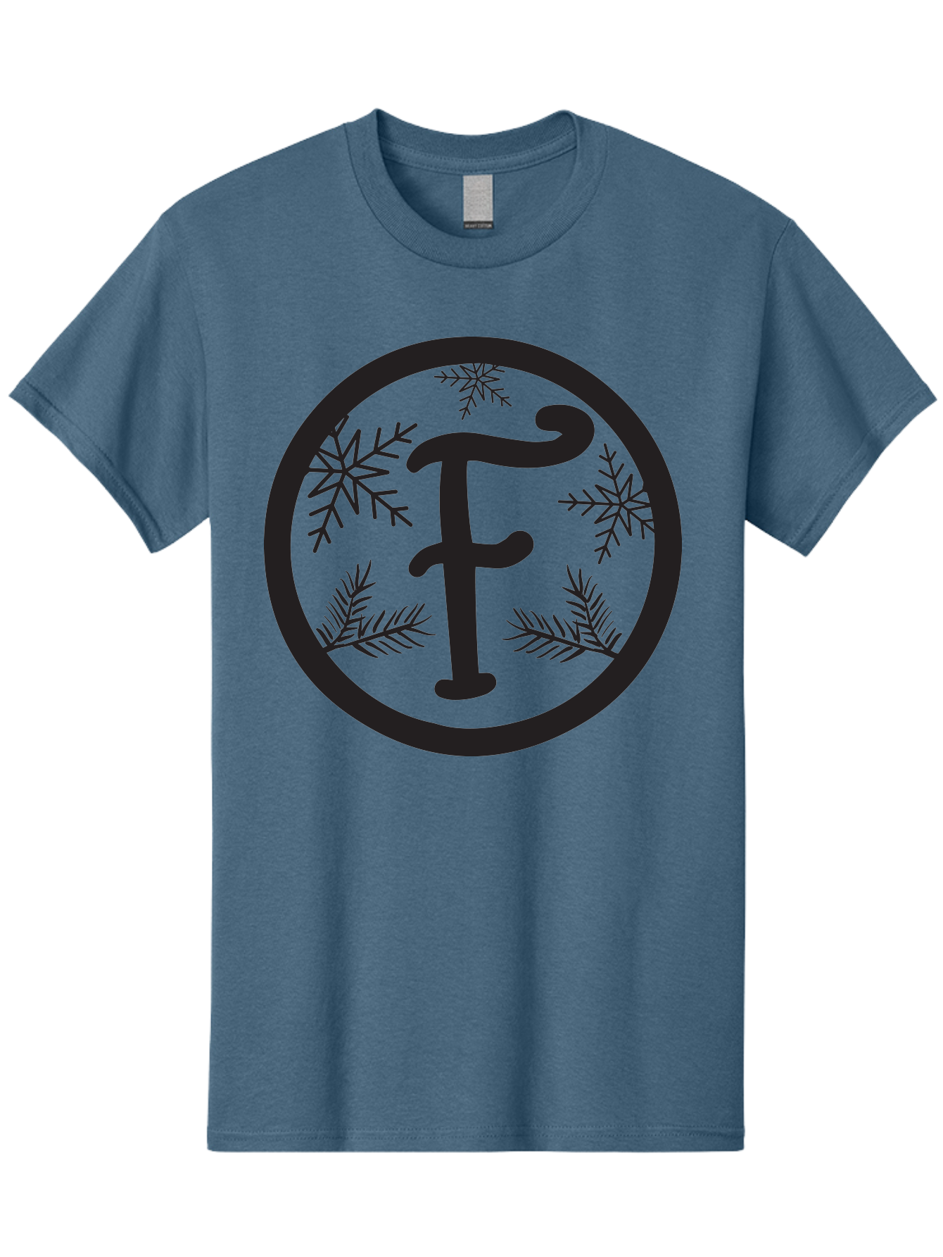 F Men'S Graphic Tee, 100% Cotton, Comfortable Casual Summer Wear, Machine Washable, Black Letter F, Snowflakes, Pine Branches, Winter Theme, Festive Design, Elegant Typography, Circular Frame, Black And Green Color Scheme Aac700