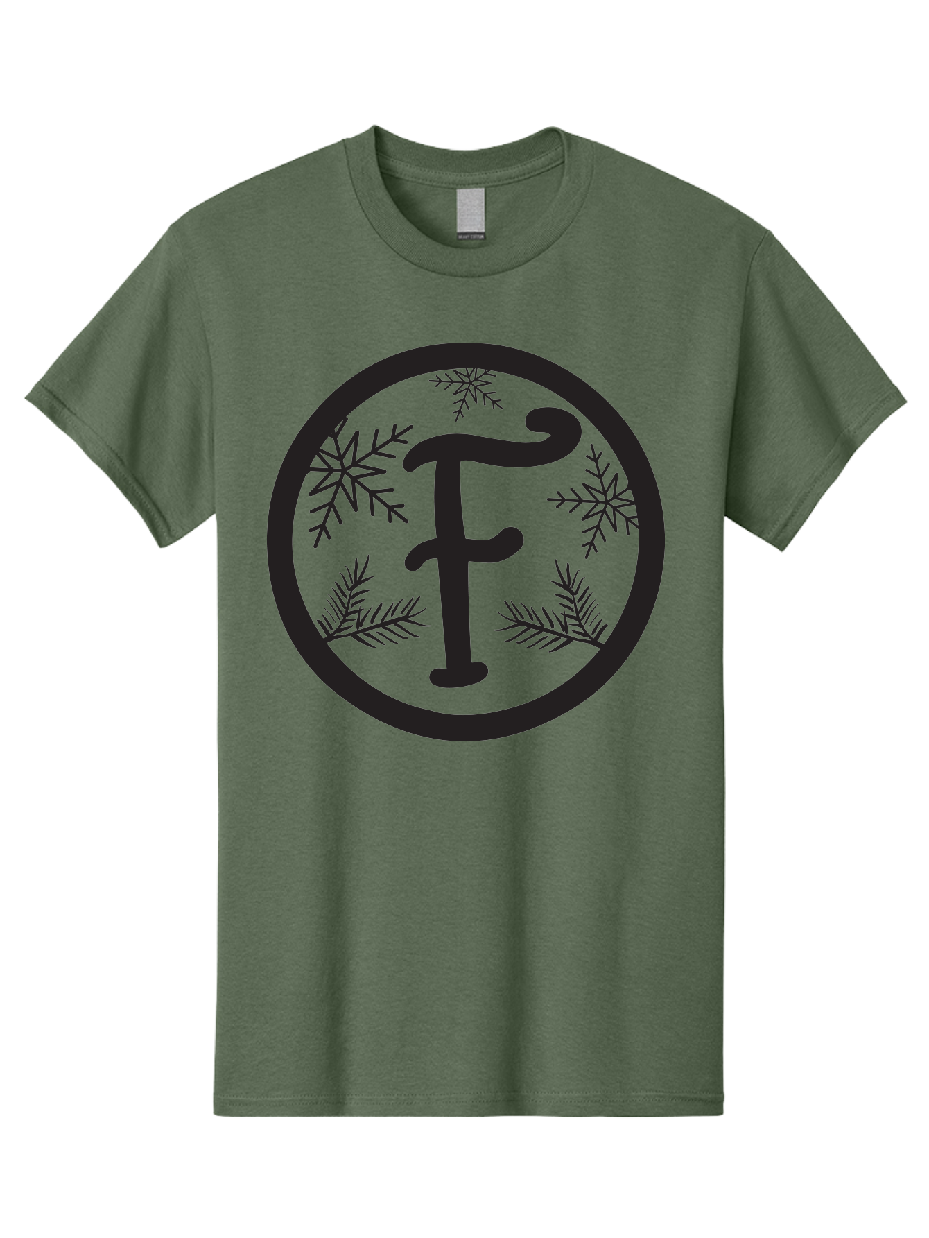 F Men'S Graphic Tee, 100% Cotton, Comfortable Casual Summer Wear, Machine Washable, Black Letter F, Snowflakes, Pine Branches, Winter Theme, Festive Design, Elegant Typography, Circular Frame, Black And Green Color Scheme Aac700
