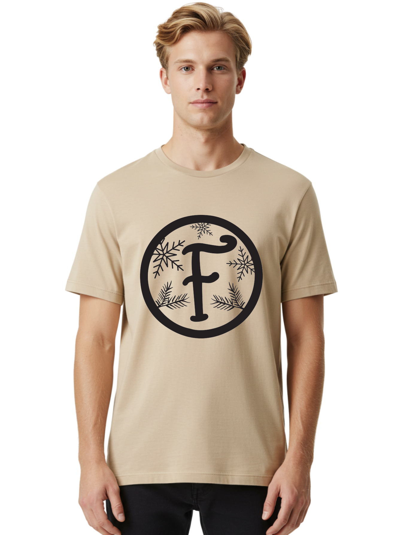 F Men'S Graphic Tee, 100% Cotton, Comfortable Casual Summer Wear, Machine Washable, Black Letter F, Snowflakes, Pine Branches, Winter Theme, Festive Design, Elegant Typography, Circular Frame, Black And Green Color Scheme Aac700