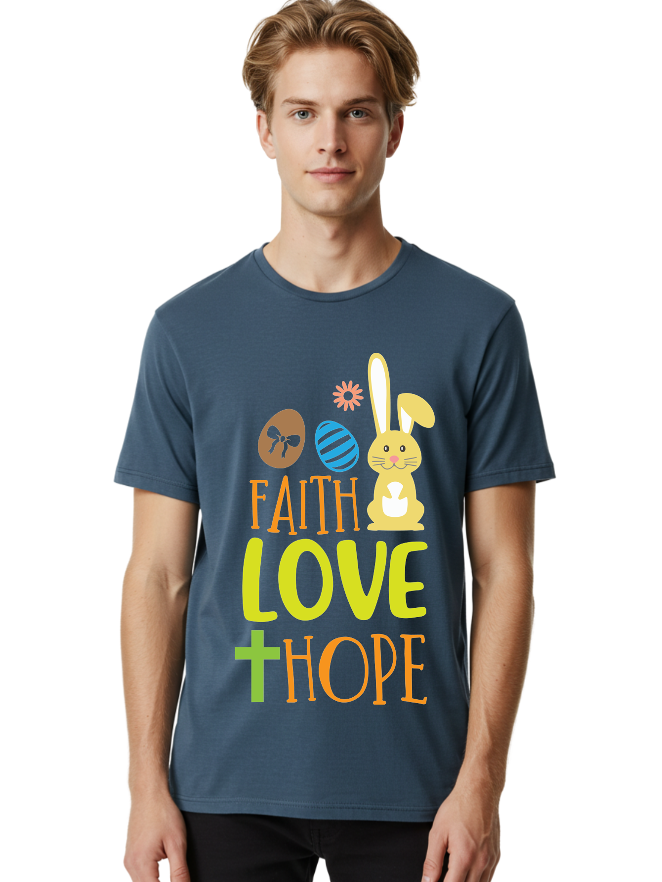 Faith-Love-Hope Men'S Graphic Tee, 100% Cotton, Comfortable Casual Summer Wear, Machine Washable, Easter Bunny, Faith Love Hope, Easter Eggs, Christian Symbolism, Inspirational Quote, Spring Theme, Pastel Colors, Holiday Design Aac703