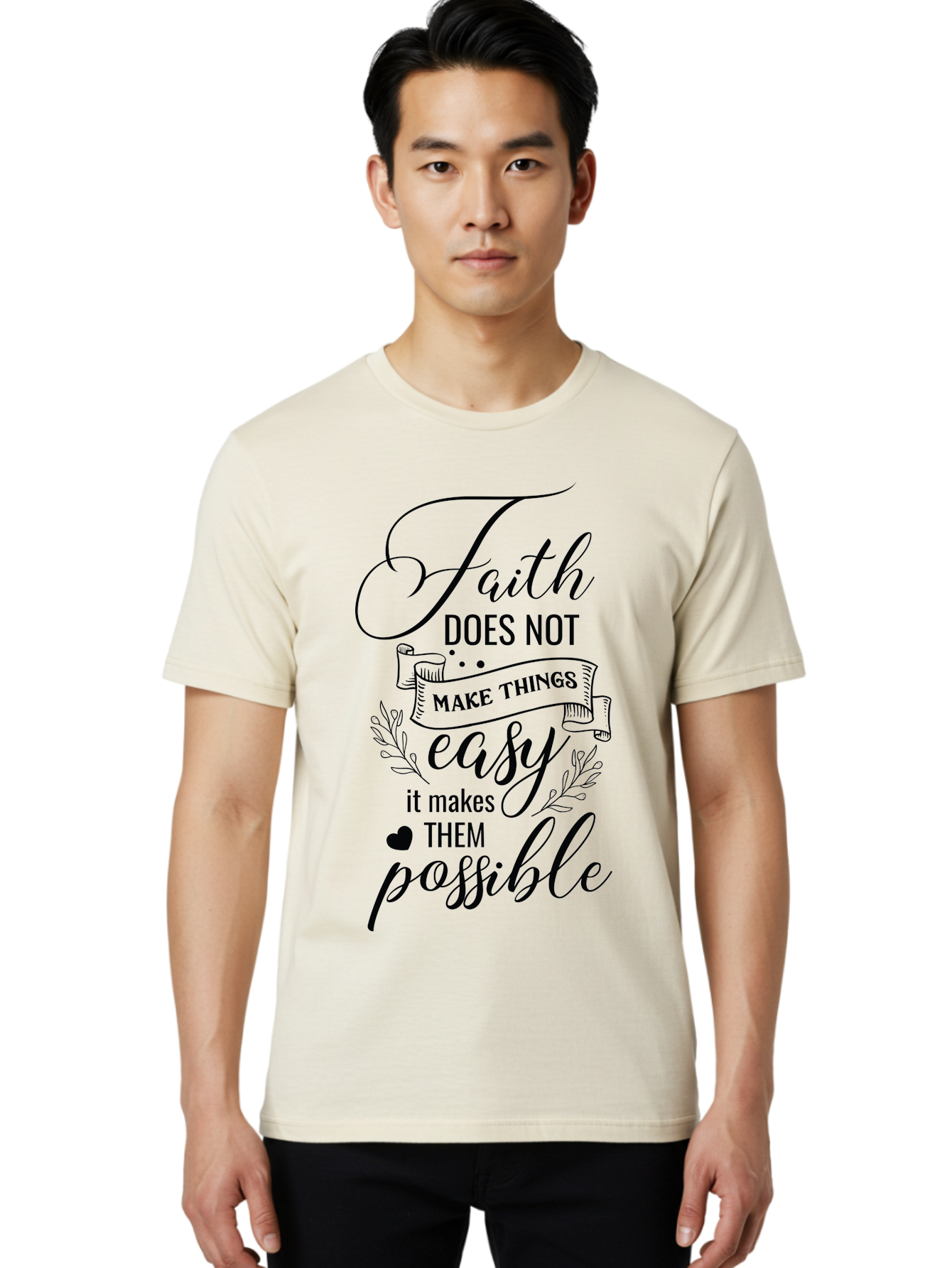 Faith-Makes-Them-Possible Men'S Graphic Tee, 100% Cotton, Comfortable Casual Summer Wear, Machine Washable, Faith Quote, Inspirational Words, Motivational Saying, Makes Them Possible, Makes Things Easy, Spiritual Message, Positive Vibes, Aac704