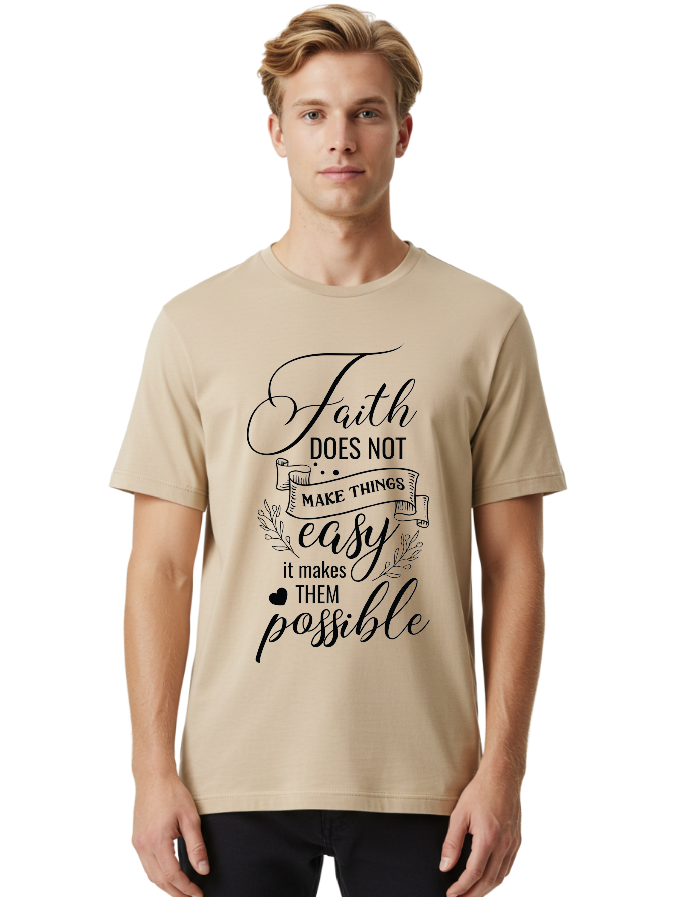 Faith-Makes-Them-Possible Men'S Graphic Tee, 100% Cotton, Comfortable Casual Summer Wear, Machine Washable, Faith Quote, Inspirational Words, Motivational Saying, Makes Them Possible, Makes Things Easy, Spiritual Message, Positive Vibes, Aac704