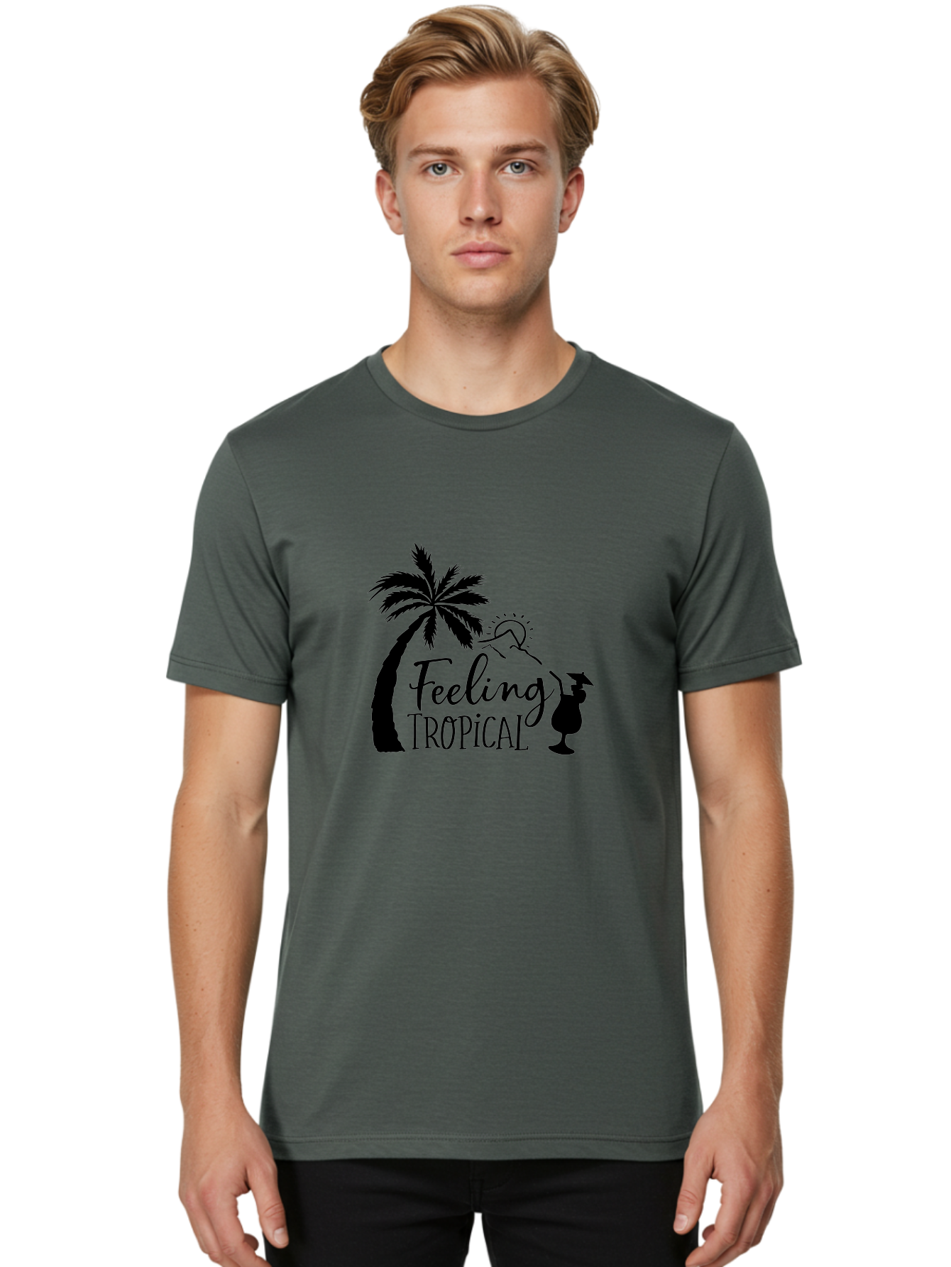 Feeling-Tropical Men'S Graphic Tee, 100% Cotton, Comfortable Casual Summer Wear, Machine Washable, Tropical Getaway, Palm Tree, Cocktail, Summer Vibes, Vacation Mode, Sun, Fun, Relaxation, Beach Life, Tropical Drinks Aac714