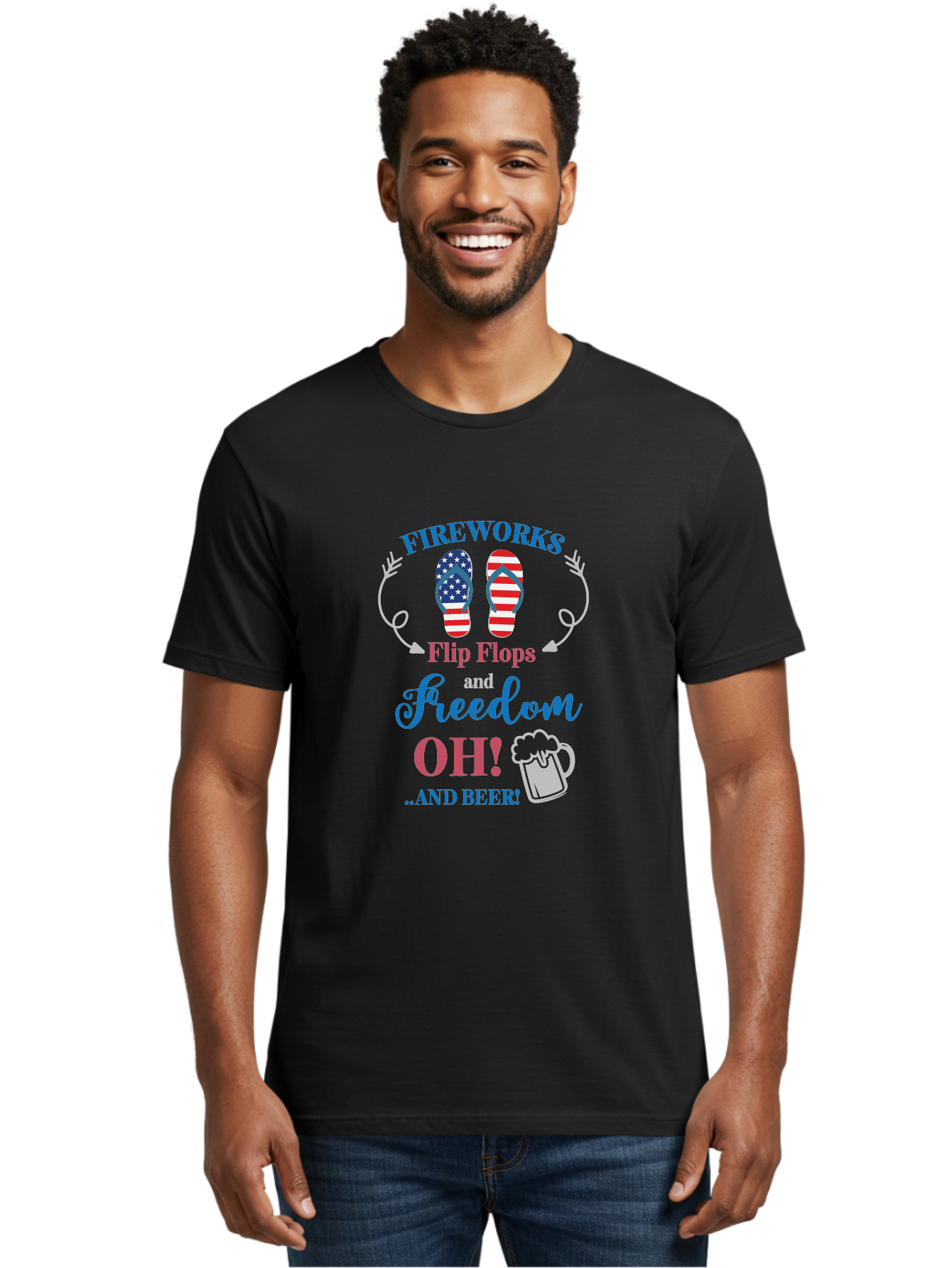 Fireworks-Flip-Flops-And-Freedom-Oh-And-Beer Men'S Graphic Tee, 100% Cotton, Comfortable Casual Summer Wear, Machine Washable, 4Th Of July Celebration, American Flag Flip Flops, Fireworks Display, Freedom Theme, Beer Mug, Aac717