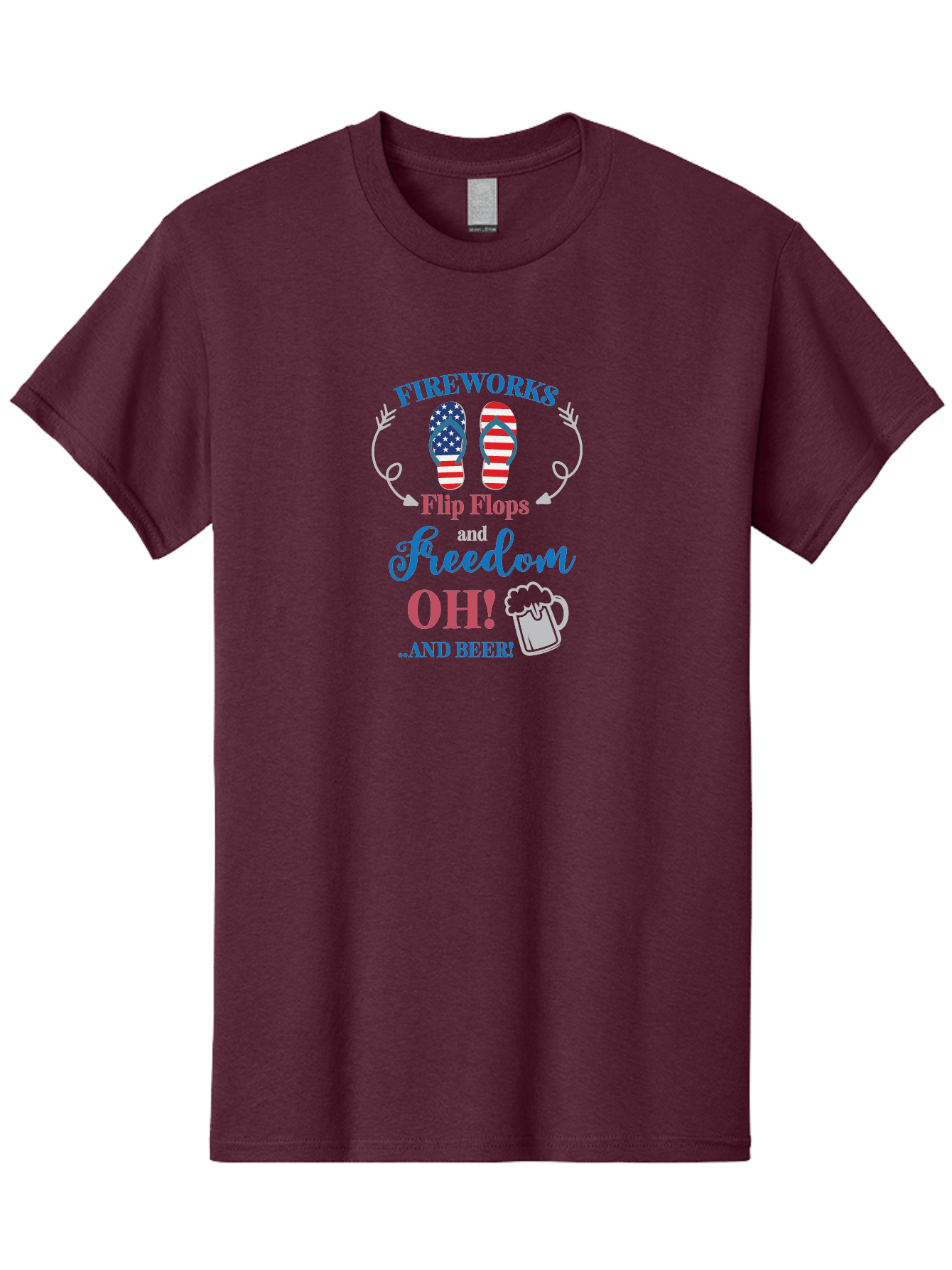 Fireworks-Flip-Flops-And-Freedom-Oh-And-Beer Men'S Graphic Tee, 100% Cotton, Comfortable Casual Summer Wear, Machine Washable, 4Th Of July Celebration, American Flag Flip Flops, Fireworks Display, Freedom Theme, Beer Mug, Aac717