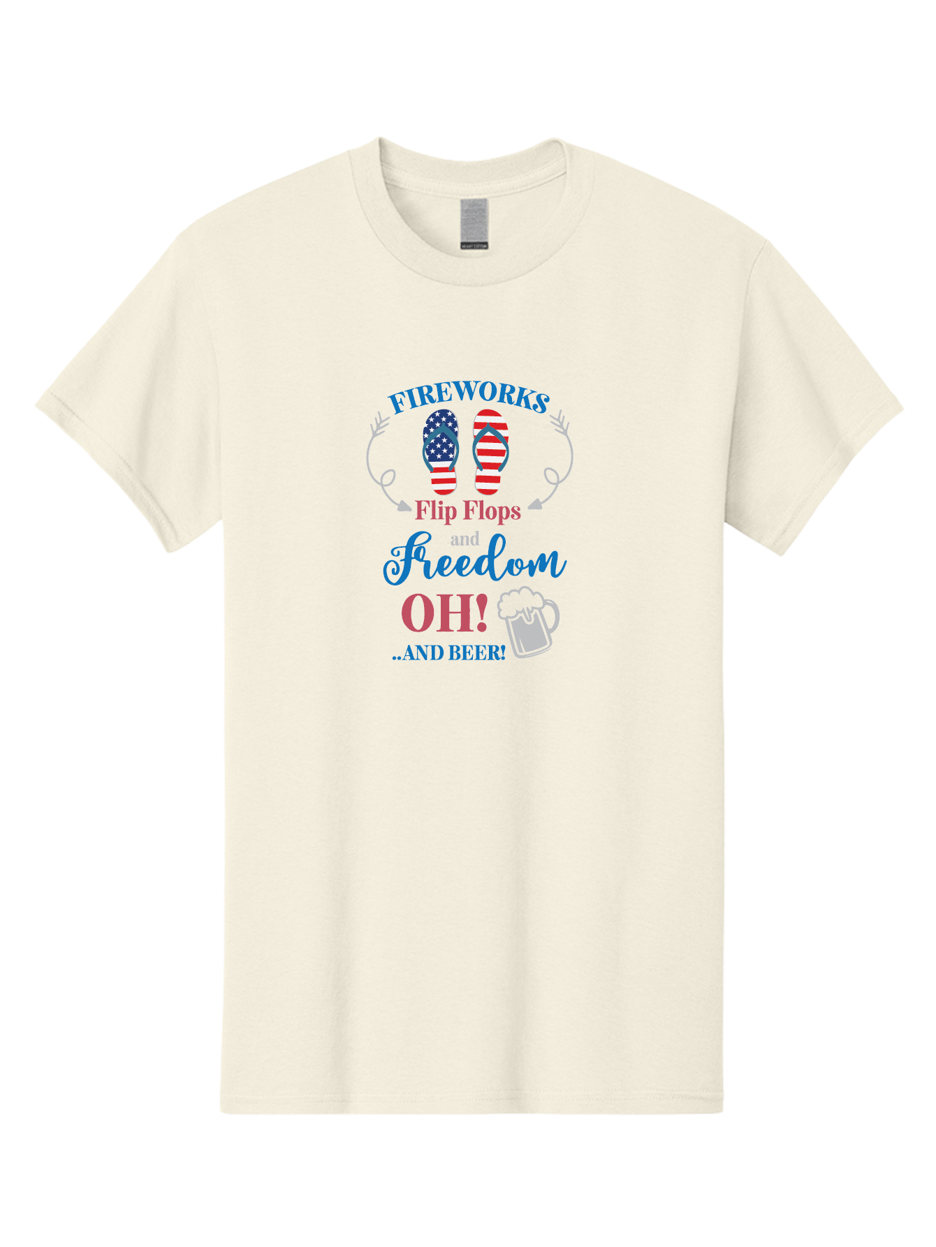 Fireworks-Flip-Flops-And-Freedom-Oh-And-Beer Men'S Graphic Tee, 100% Cotton, Comfortable Casual Summer Wear, Machine Washable, 4Th Of July Celebration, American Flag Flip Flops, Fireworks Display, Freedom Theme, Beer Mug, Aac717