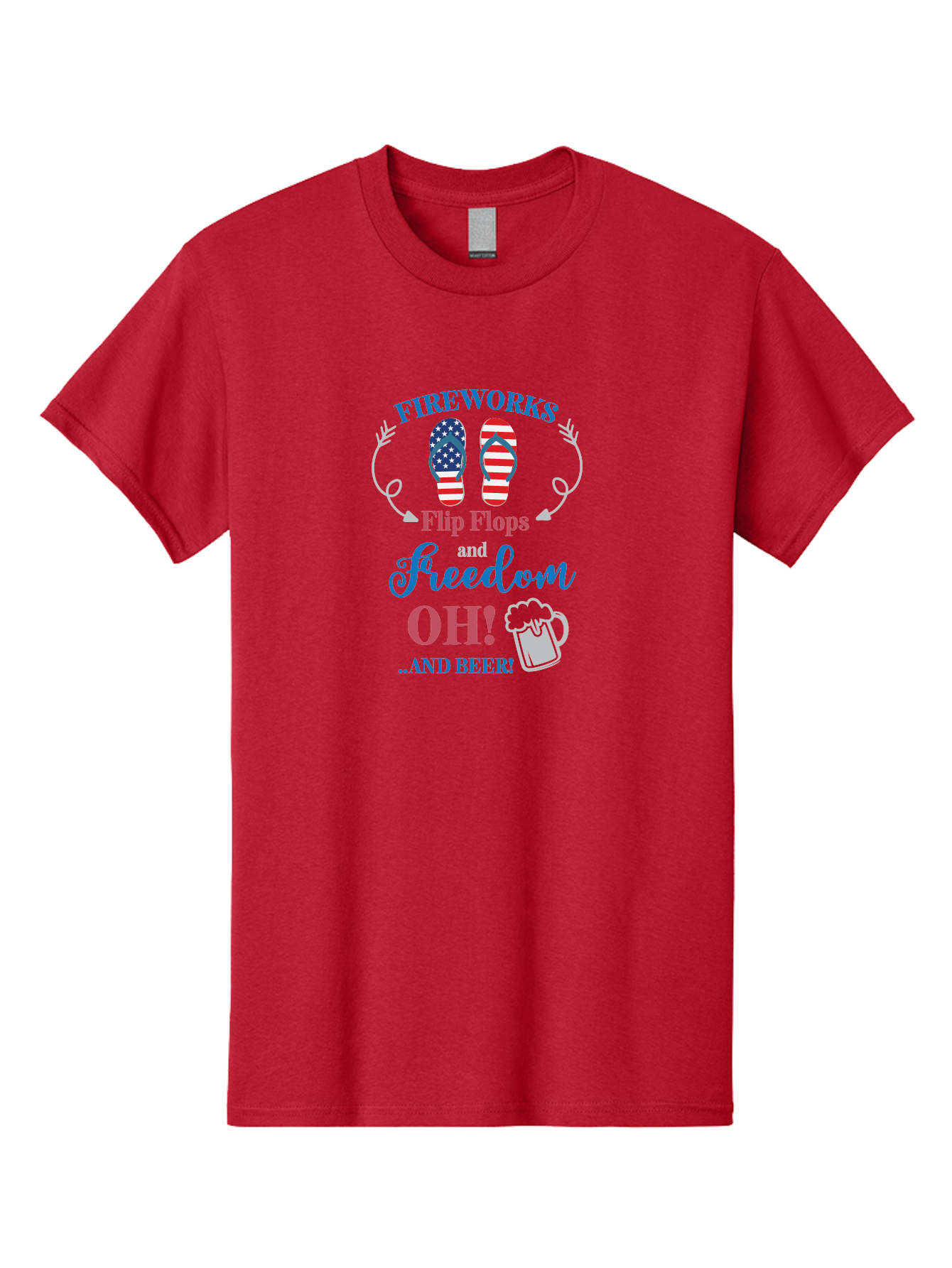 Fireworks-Flip-Flops-And-Freedom-Oh-And-Beer Men'S Graphic Tee, 100% Cotton, Comfortable Casual Summer Wear, Machine Washable, 4Th Of July Celebration, American Flag Flip Flops, Fireworks Display, Freedom Theme, Beer Mug, Aac717