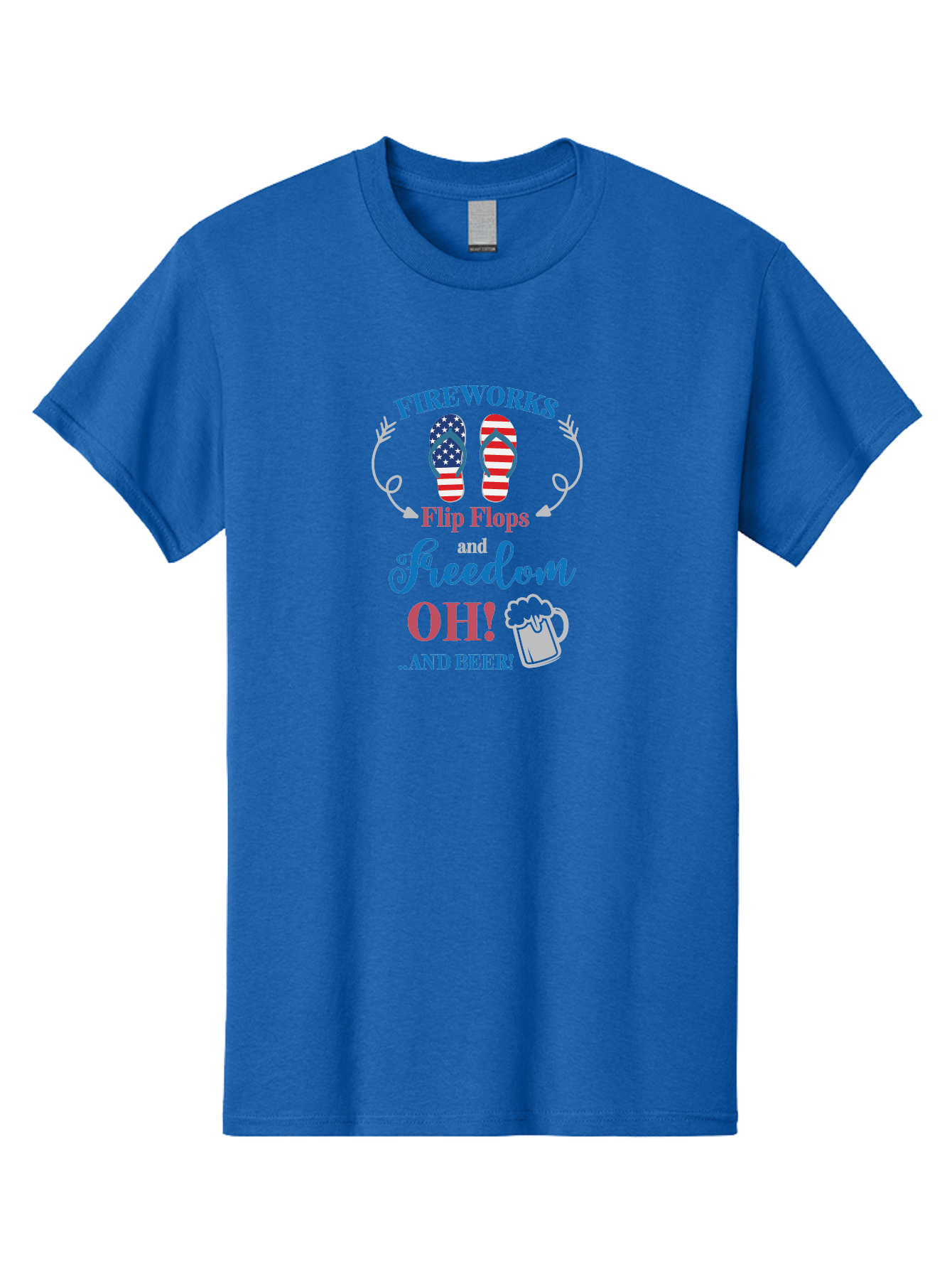 Fireworks-Flip-Flops-And-Freedom-Oh-And-Beer Men'S Graphic Tee, 100% Cotton, Comfortable Casual Summer Wear, Machine Washable, 4Th Of July Celebration, American Flag Flip Flops, Fireworks Display, Freedom Theme, Beer Mug, Aac717