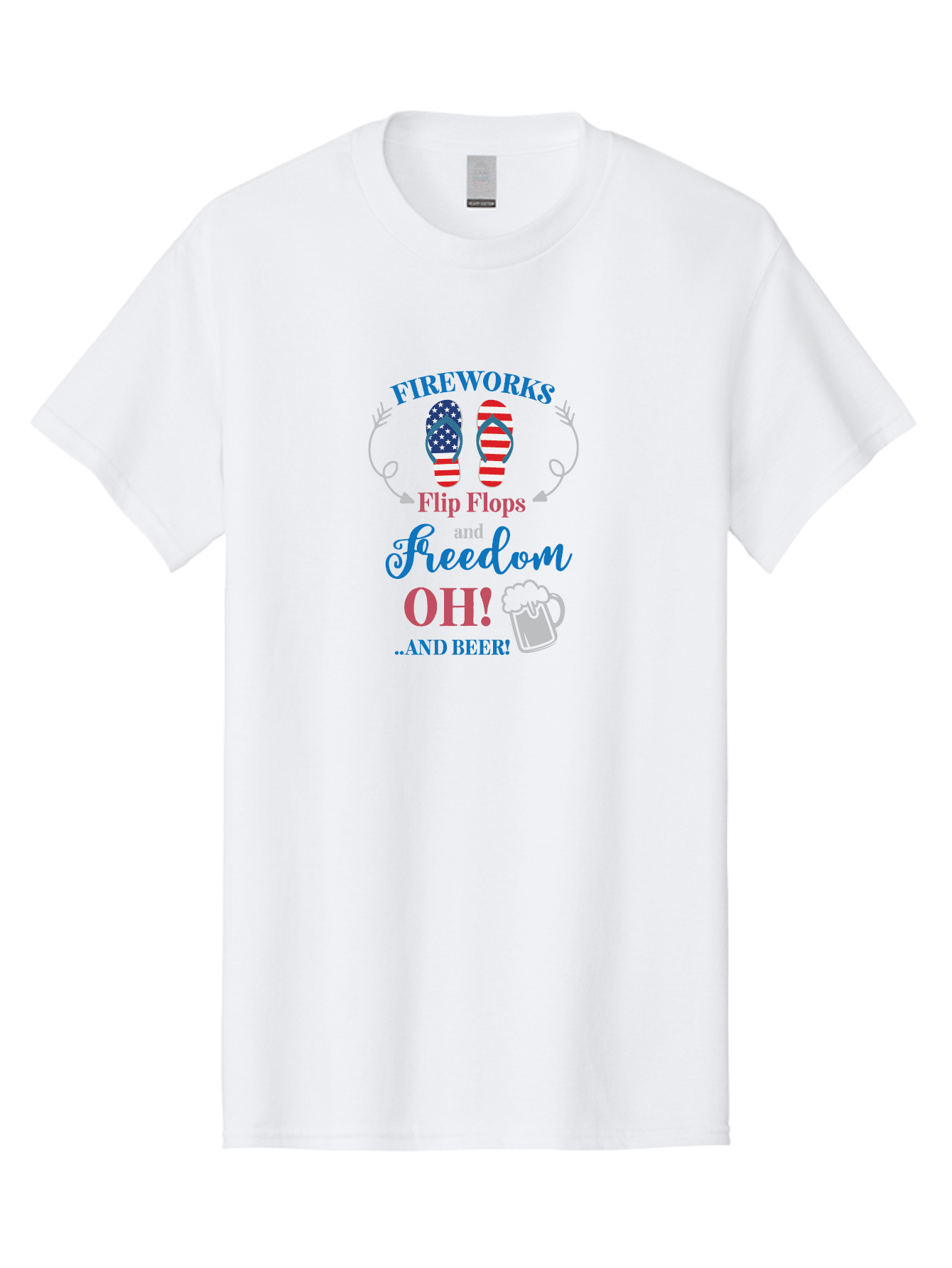 Fireworks-Flip-Flops-And-Freedom-Oh-And-Beer Men'S Graphic Tee, 100% Cotton, Comfortable Casual Summer Wear, Machine Washable, 4Th Of July Celebration, American Flag Flip Flops, Fireworks Display, Freedom Theme, Beer Mug, Aac717