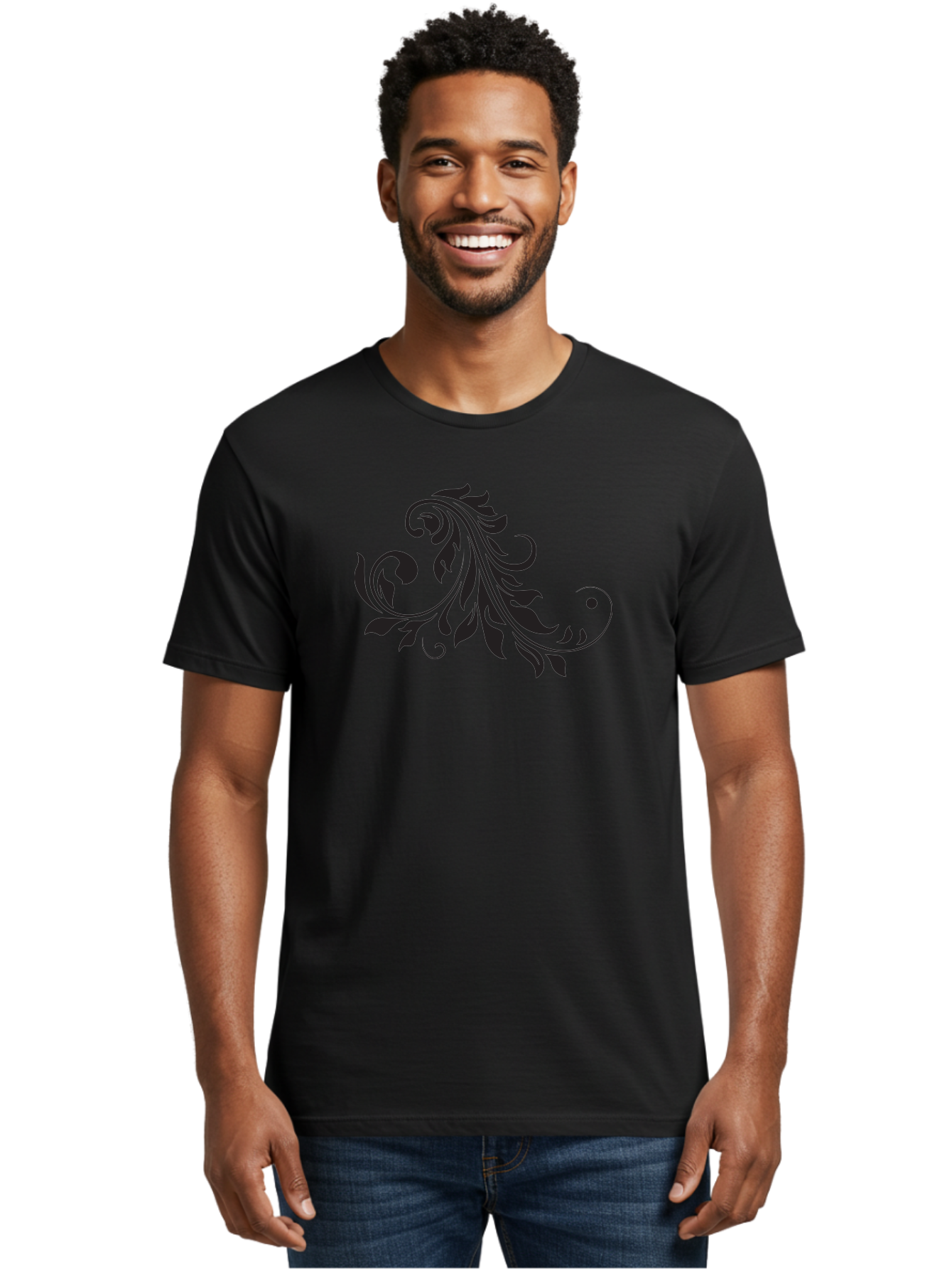 Floral-Design-1 Men'S Graphic Tee, 100% Cotton, Comfortable Casual Summer Wear, Machine Washable, Floral Design, Leafy Pattern, Curved Shapes, Decorative Art, Swirling Leaves, Elegant Design, Intricate Pattern, Black Silhouette Aac721