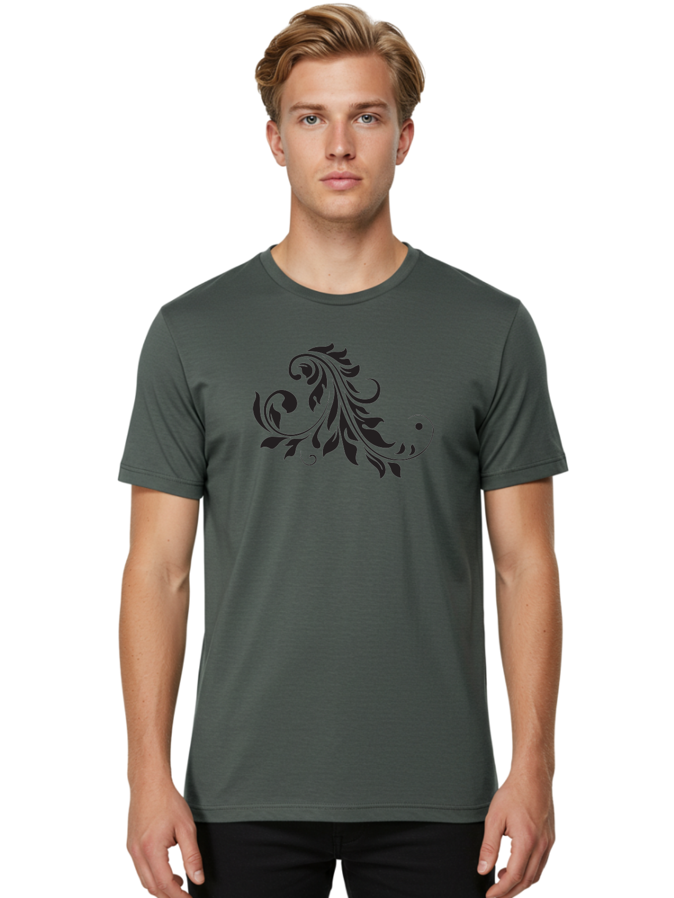 Floral-Design-1 Men'S Graphic Tee, 100% Cotton, Comfortable Casual Summer Wear, Machine Washable, Floral Design, Leafy Pattern, Curved Shapes, Decorative Art, Swirling Leaves, Elegant Design, Intricate Pattern, Black Silhouette Aac721